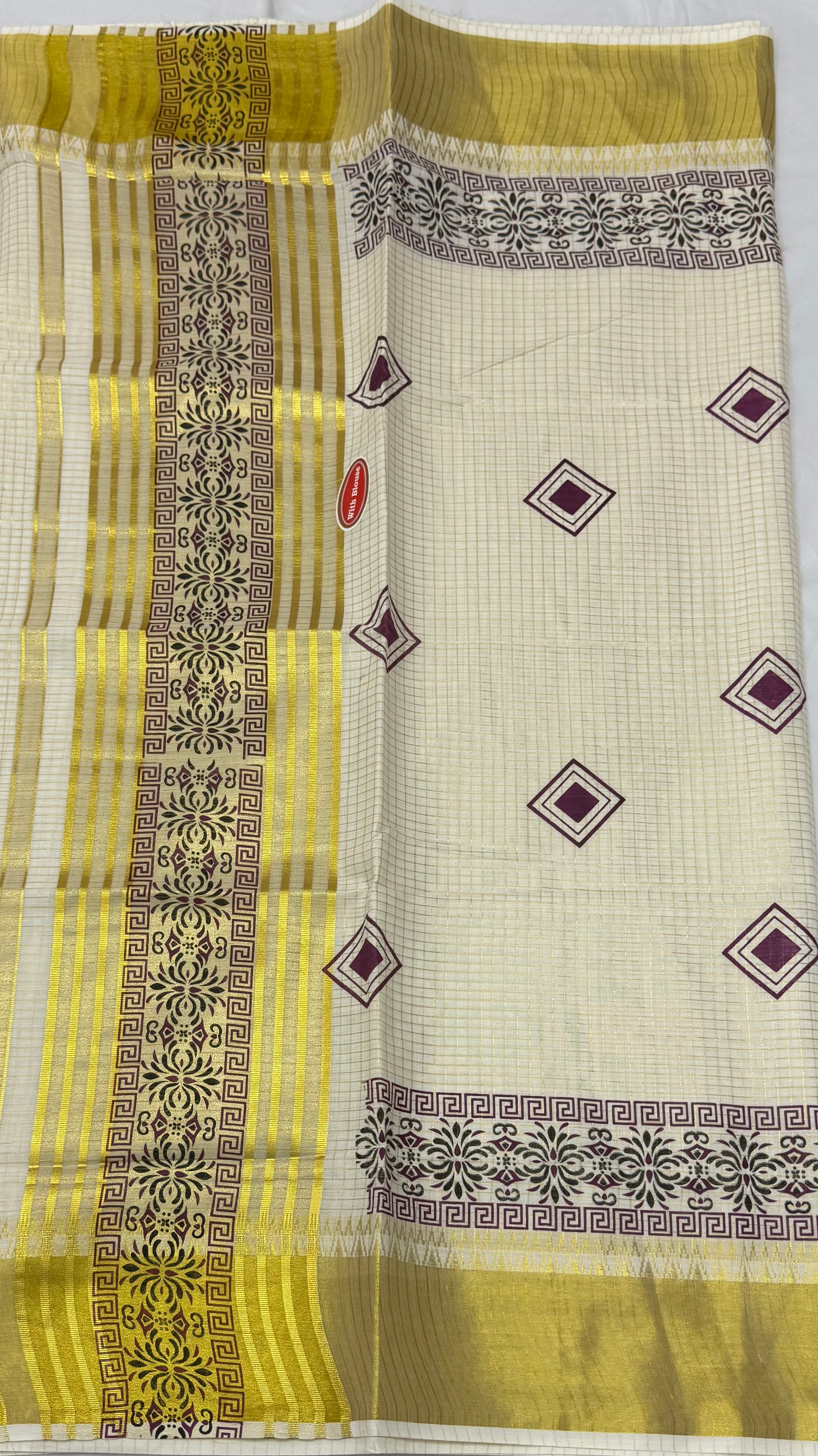 TRADITIONAL PRINTED KASAVU TISSUE CHECKED SAREE (OFF WHITE,GOLD,VIOLET)