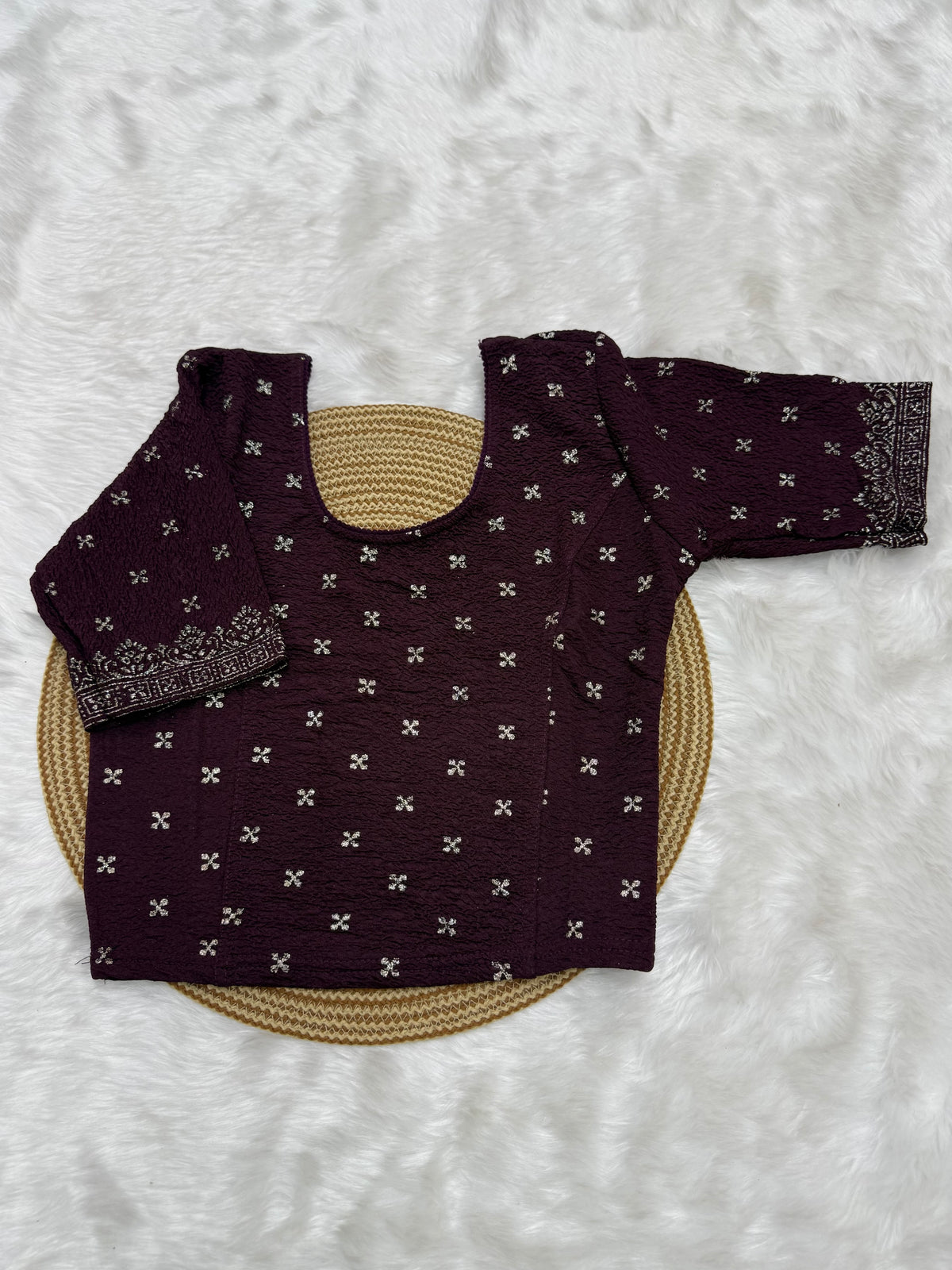 FLORAL BUTTI WORK STRETCHABLE BLOUSE - WINE
