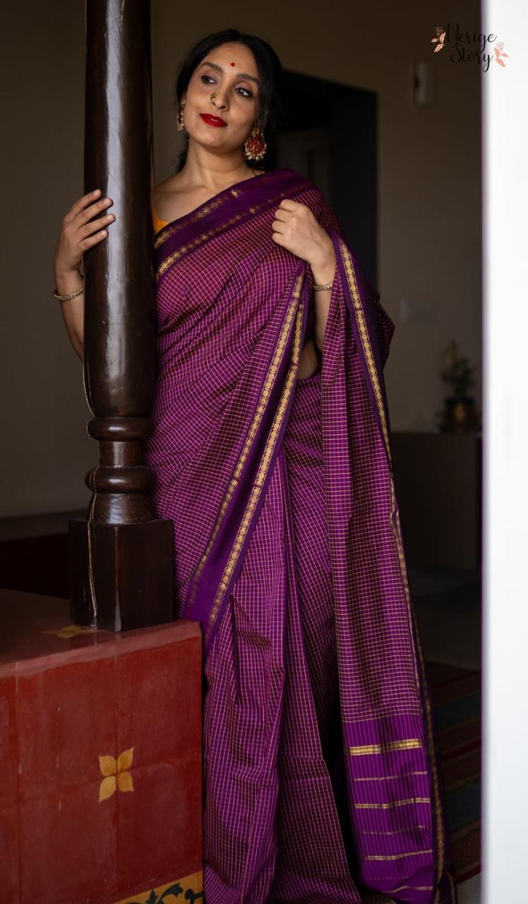 PREMIUM CHECKED COTTON SAREE - PURPLE