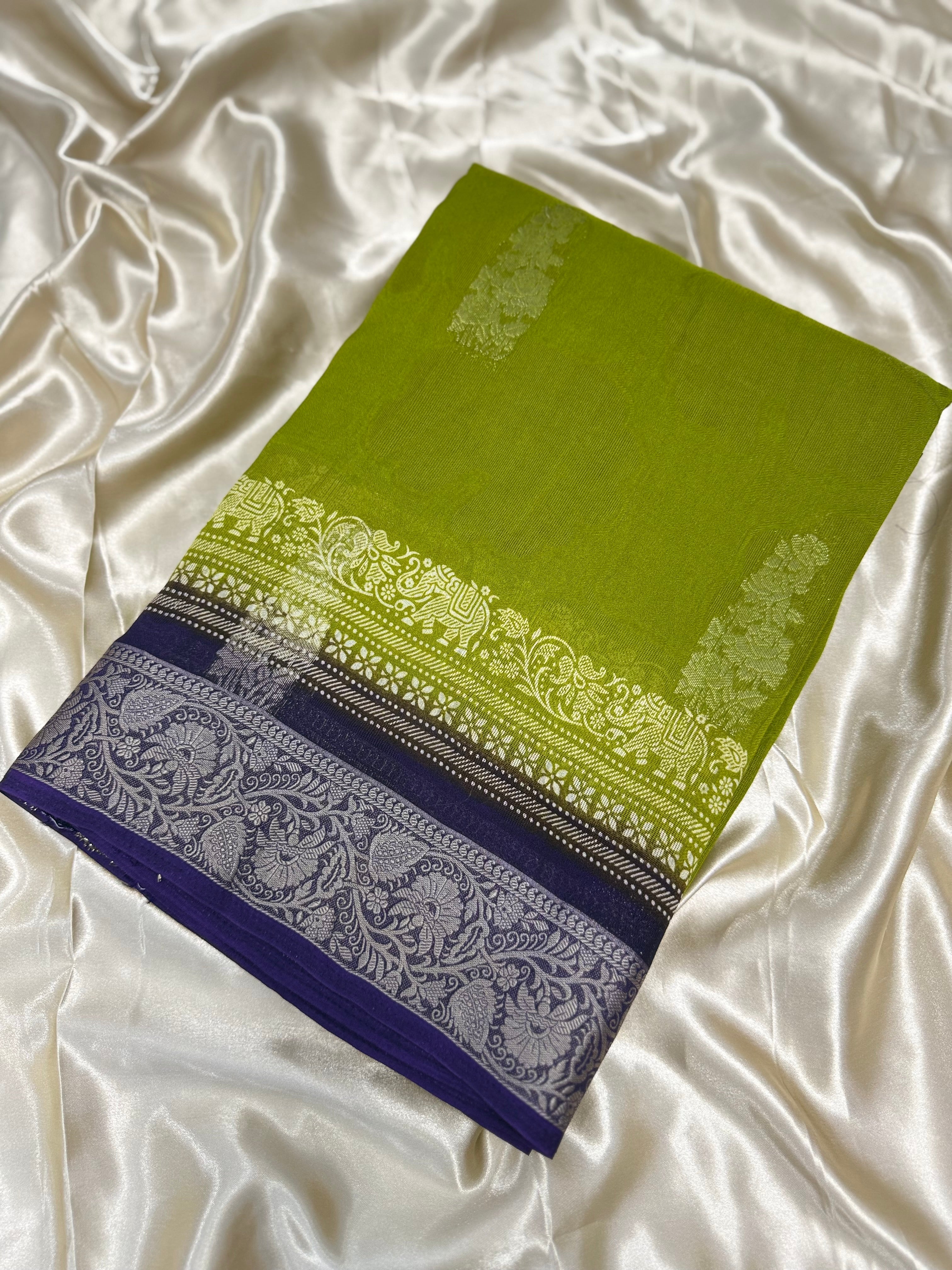 DUPION GEORGETTE SAREE - OLIVE GREEN