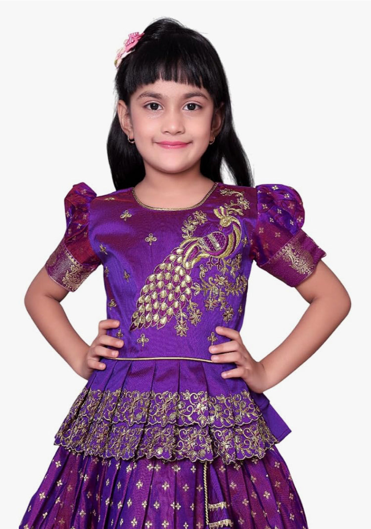 GIRLS SILK BLEND READYMADE PATTU PAVADAI/LEHENGA CHOLI - PURPLE