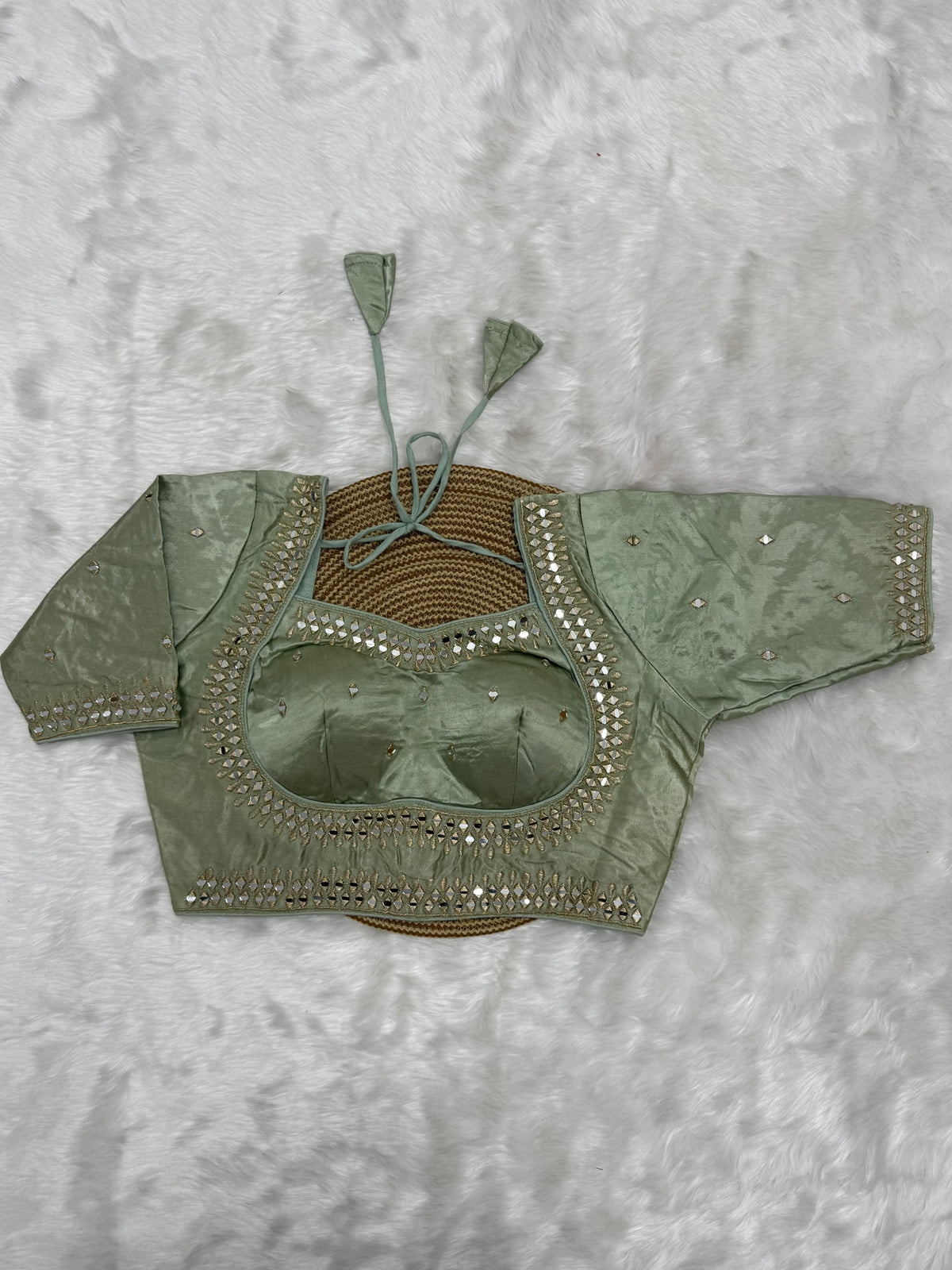 BRIDAL AARI WORK READY TO WEAR SAREE BLOUSE - TEA GREEN