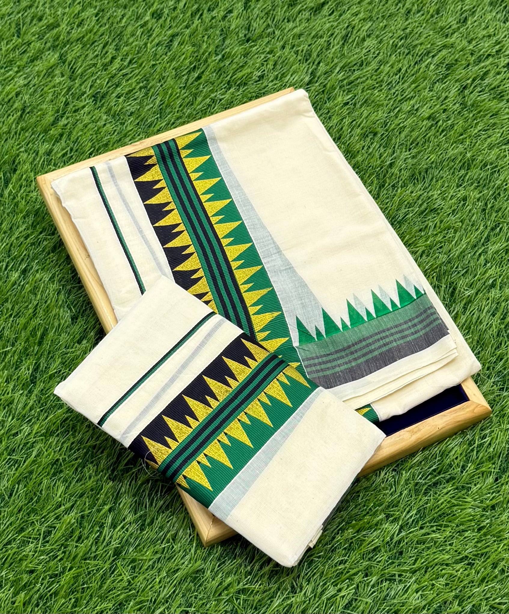 KASAVU COTTON FANCY SINGLE SET MUNDU (MUNDUM NERIYATHUM) - 2 X 2.80 MTRS - (OFF WHITE)