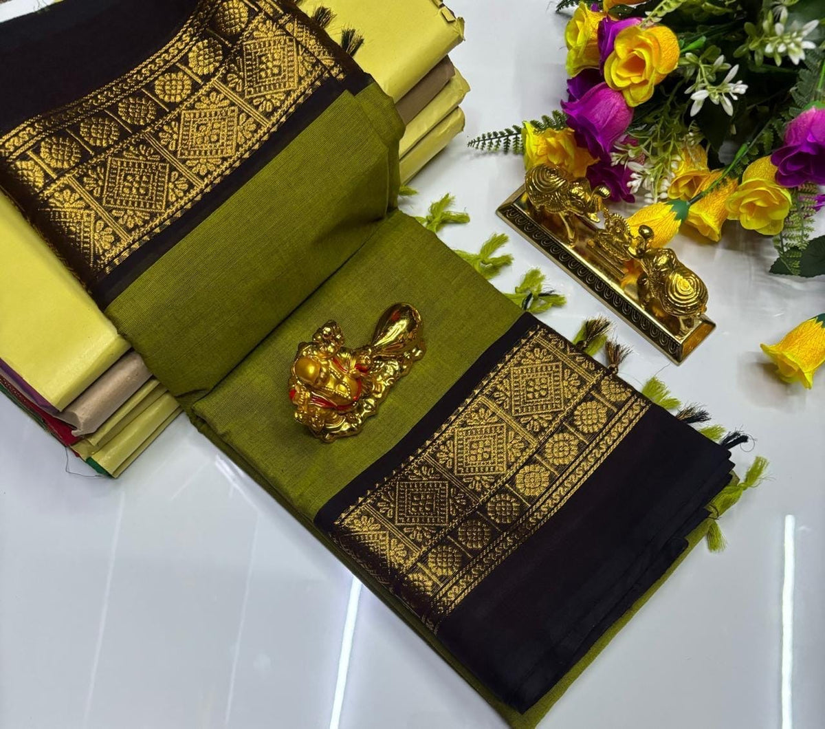 PURE KANCHI COTTON SAREES - OLIVE GREEN