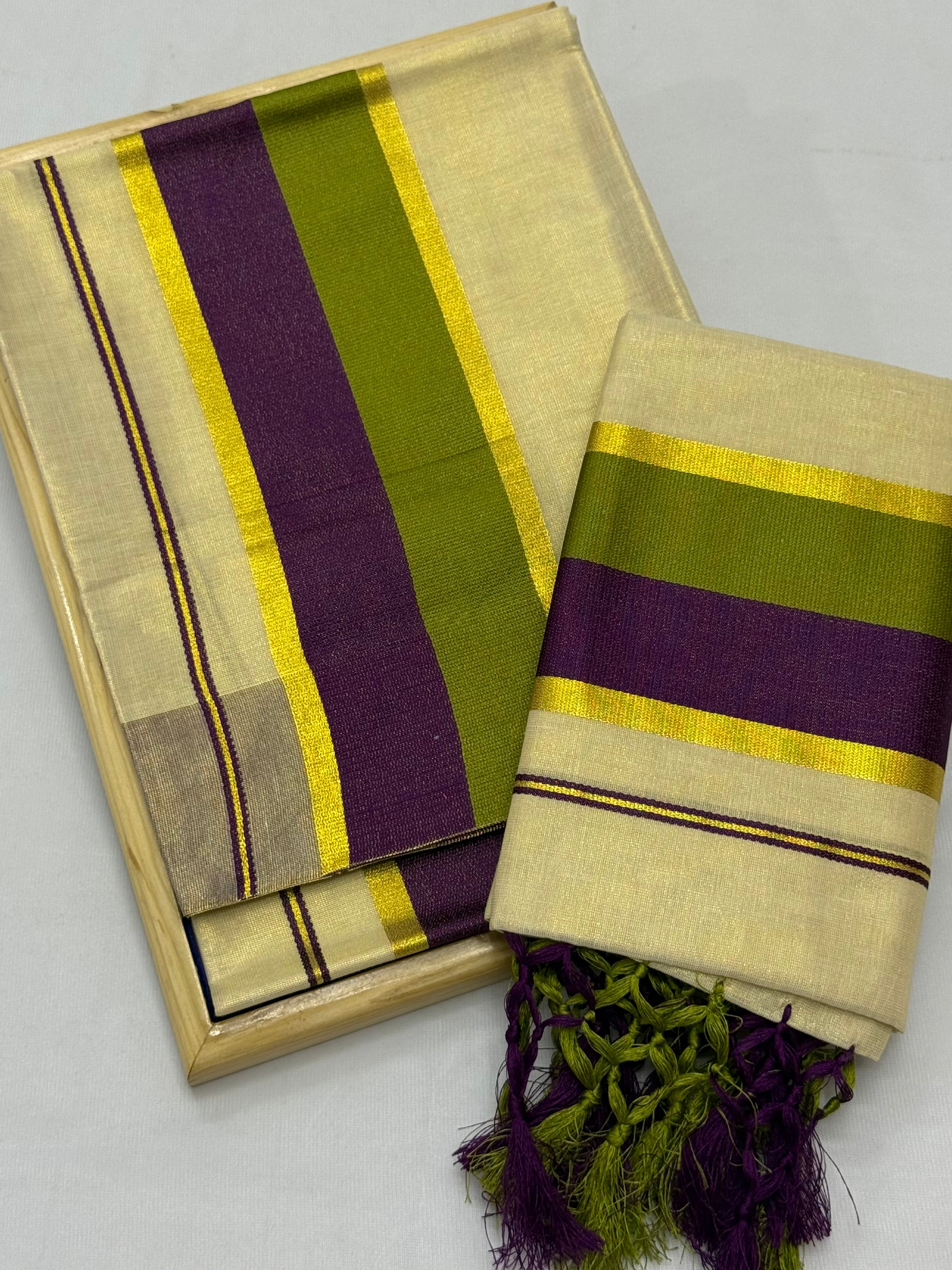 TISSUE SINGLE SET MUNDU (MUNDUM NERIYATHUM) WITH KARA BORDER - 2 X 2.80 MTRS - (CREAM,MULTI)