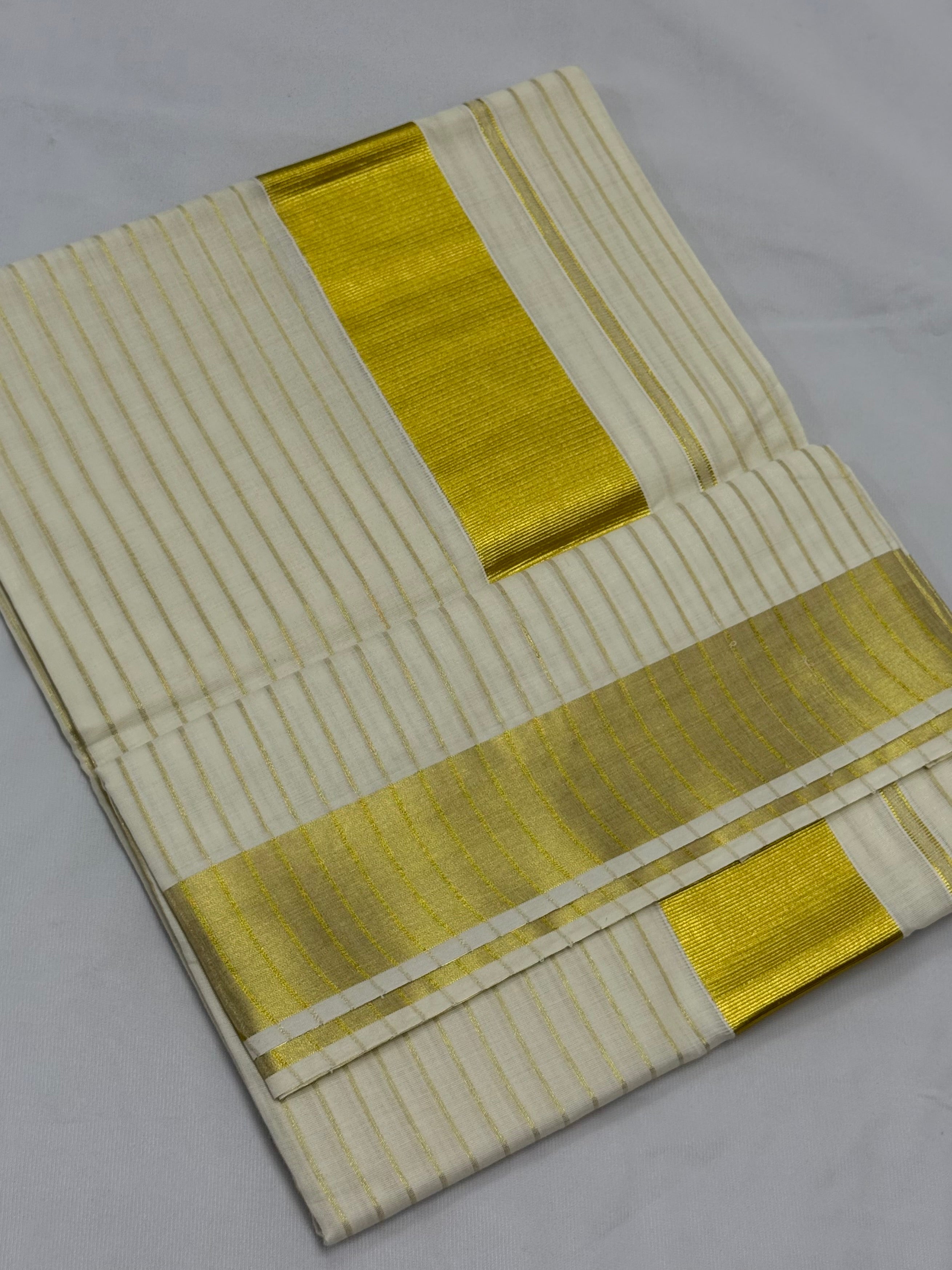 KERALA STRIPES KASAVU TISSUE SAREE - (GOLD,OFF WHITE)