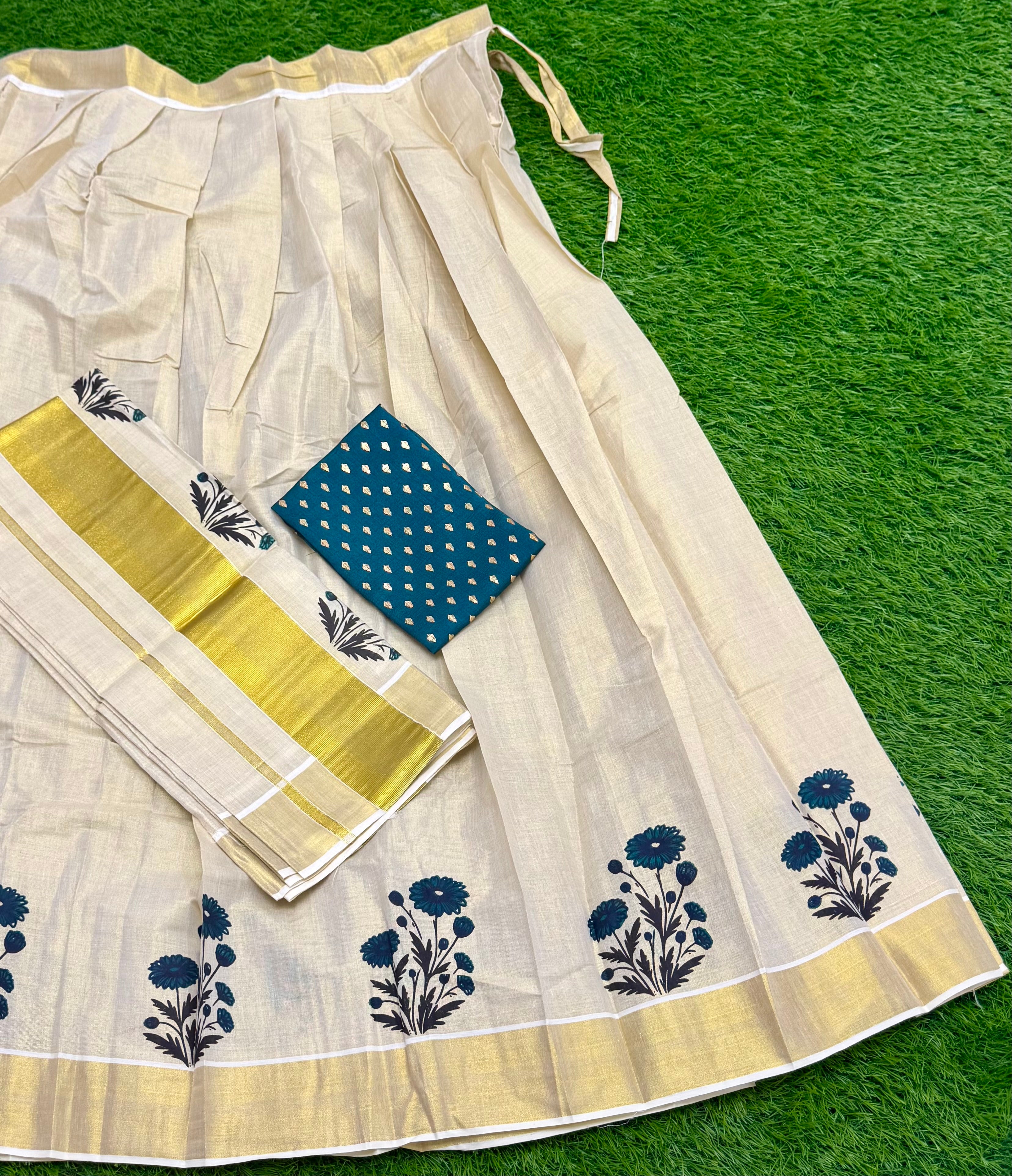 TRADITIONAL ONAM SPECIAL KERALA KASAVU DHAVANI SET - TEAL