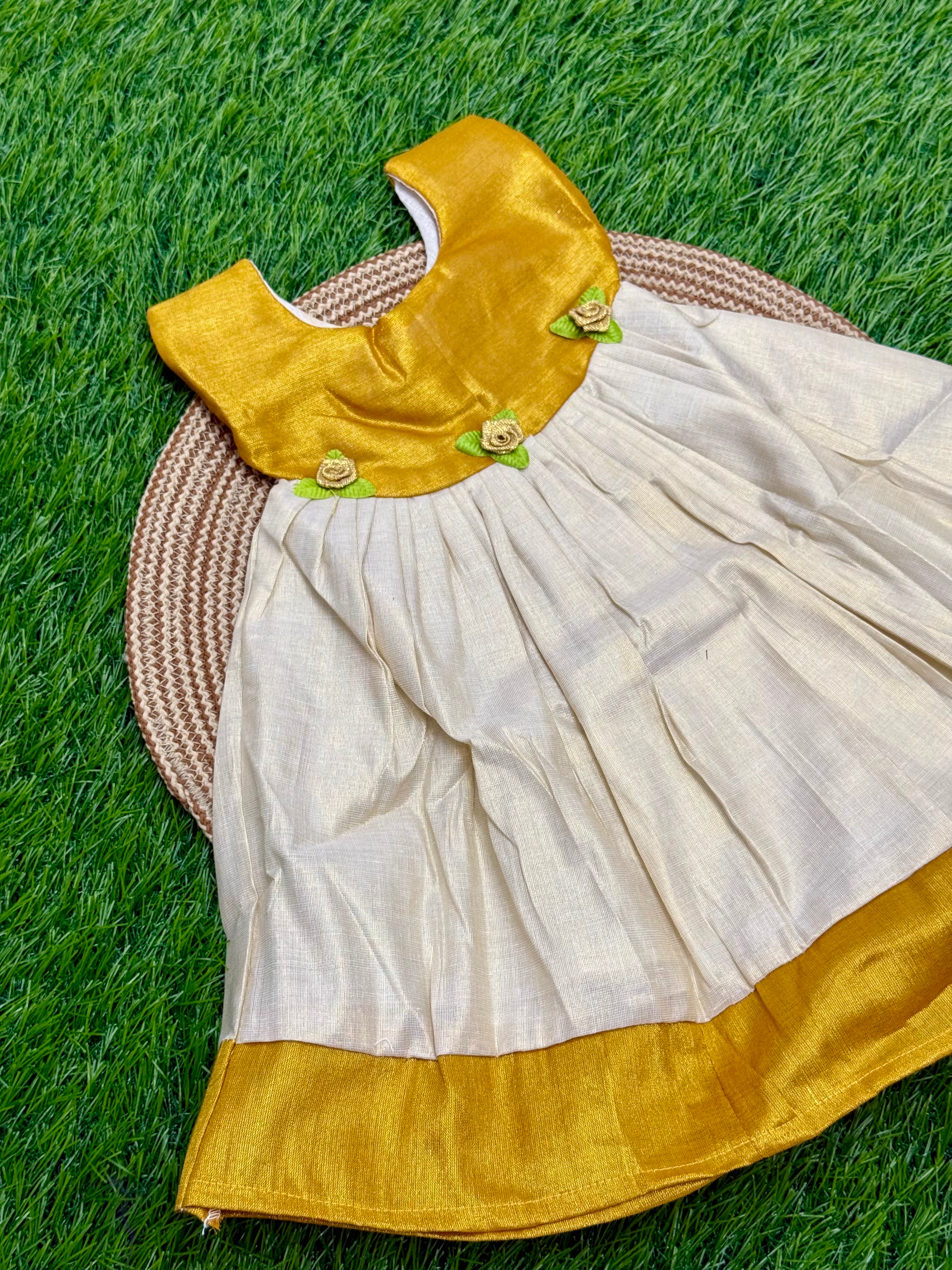 GIRL BABY KASAVU TISSUE FROCK - GOLD & CREAM