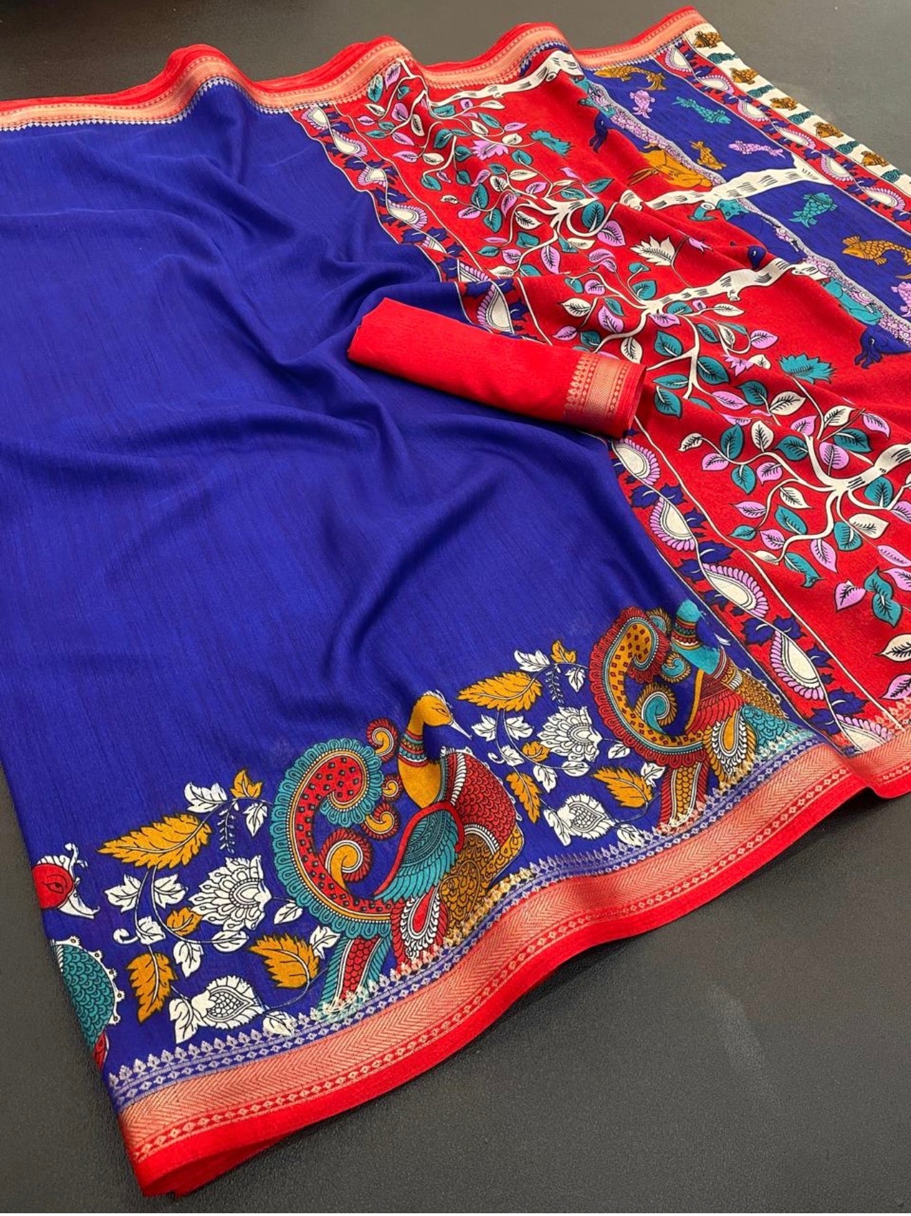 KALAMKARI SMALL BORDER BOUTIQUE SAREE - ROYAL BLUE