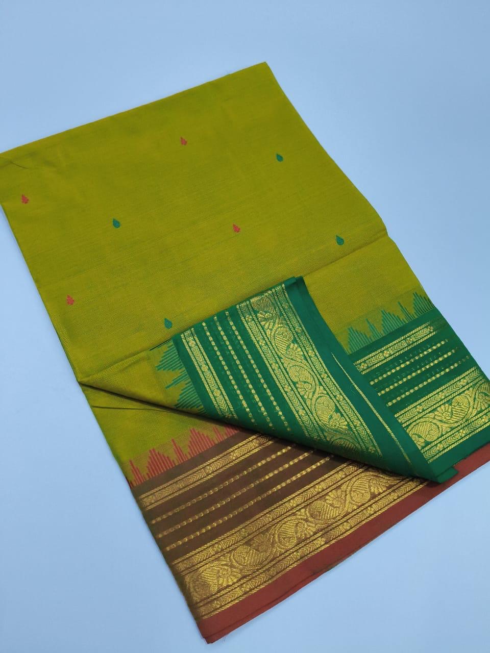 KANCHI HANDLOOM COTTON SAREE - OLIVE GREEN