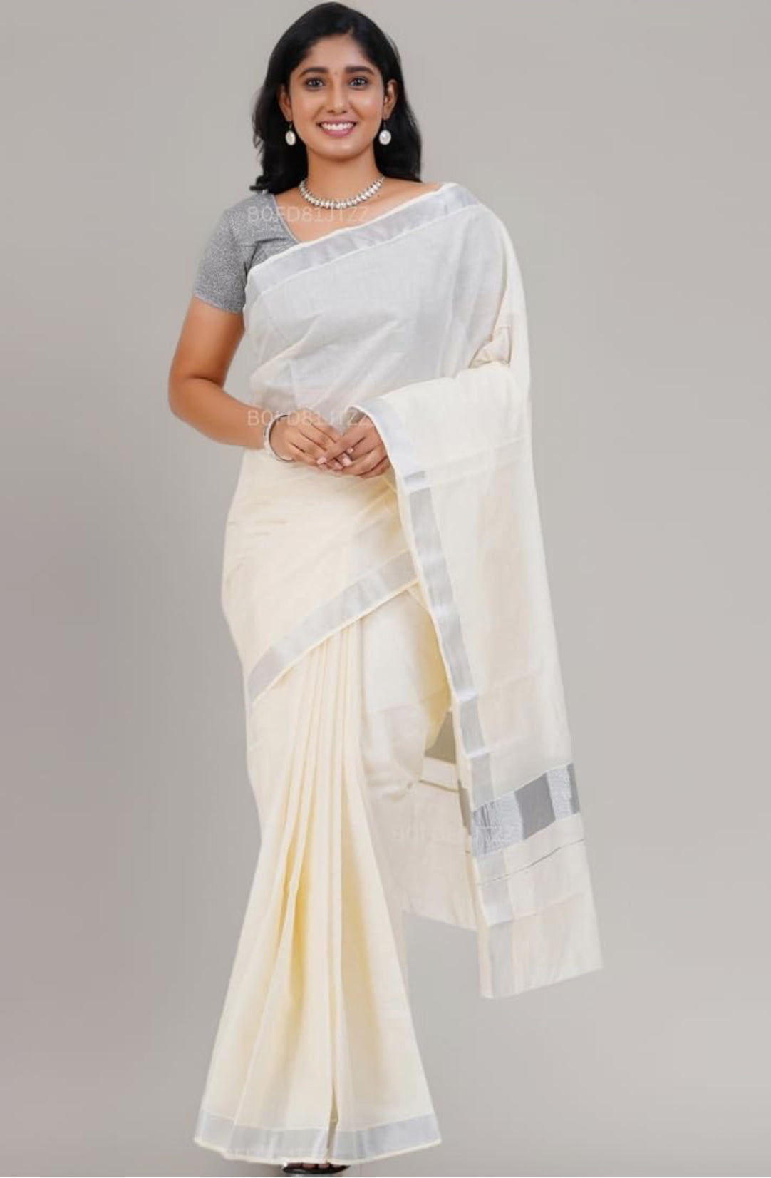 KASAVU COTTON OFF WHITE SAREE - SILVER BORDER