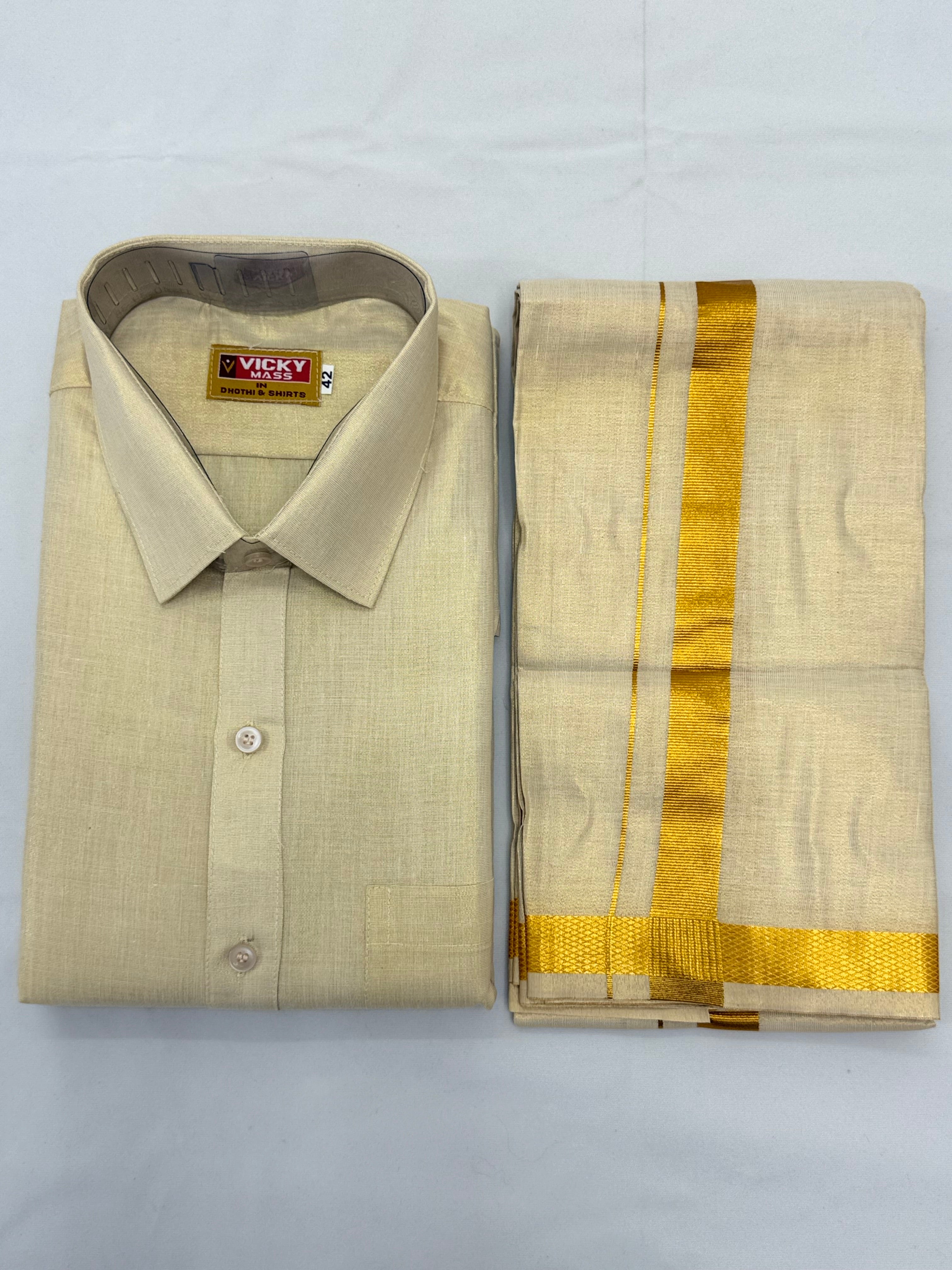 MEN'S PREMIUM HANDLOOM TISSUE GOLD SINGLE DHOTI & SHIRT SET - CREAM