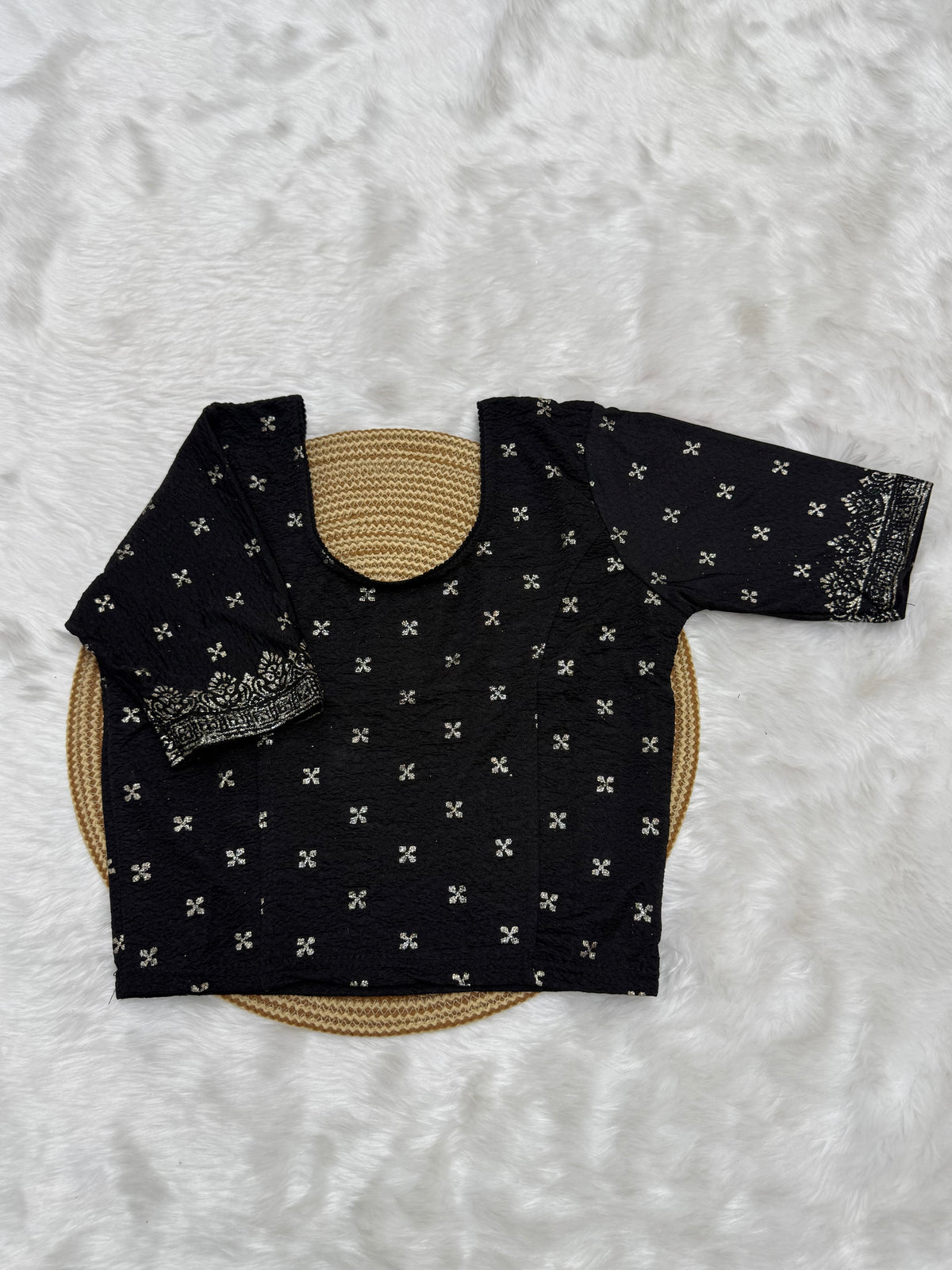 FLORAL BUTTI WORK STRETCHABLE BLOUSE - BLACK