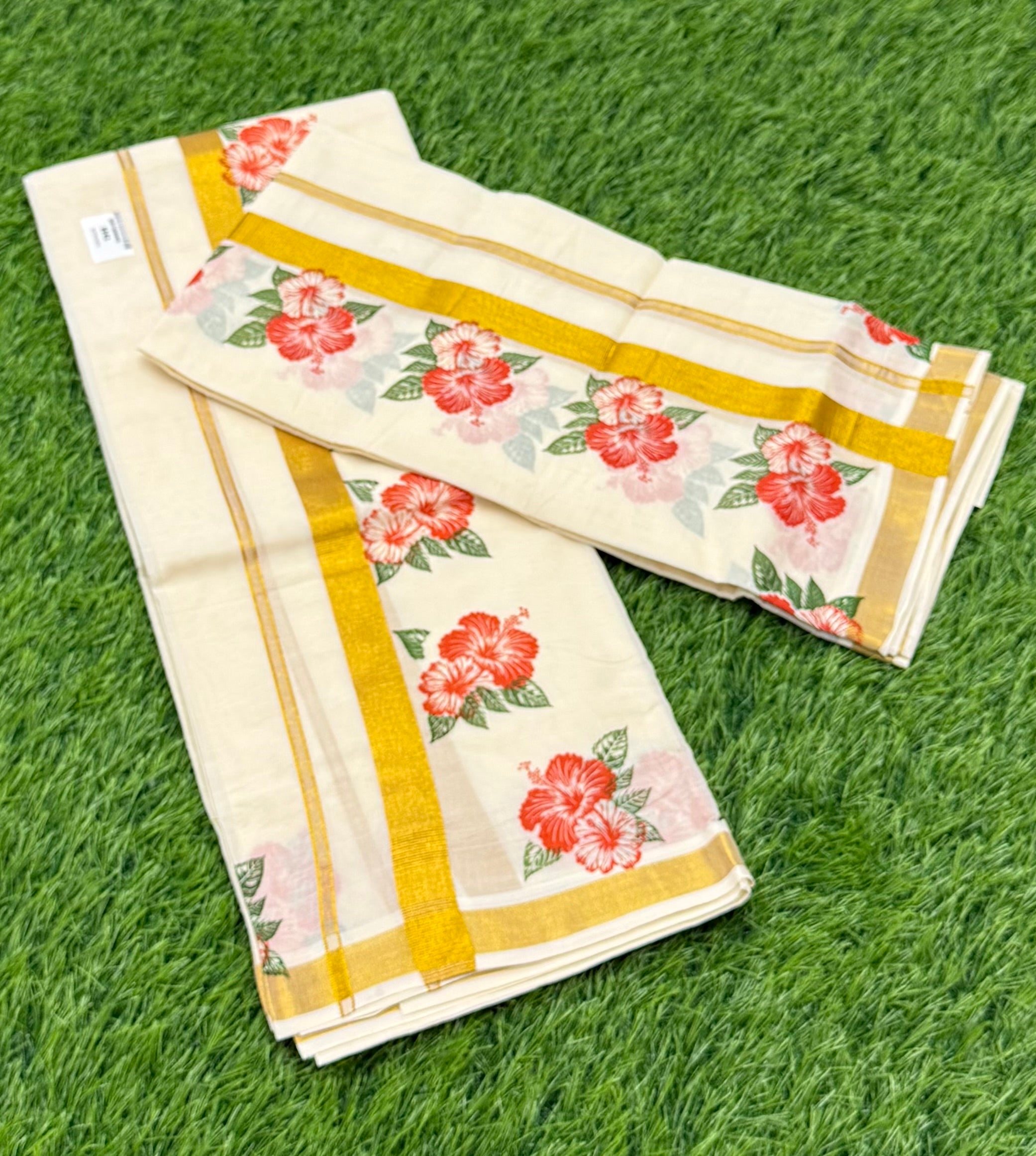 KASAVU COTTON FANCY SINGLE SET MUNDU (MUNDUM NERIYATHUM) - 2 X 2.50 MTRS - (OFF WHITE,GOLD)