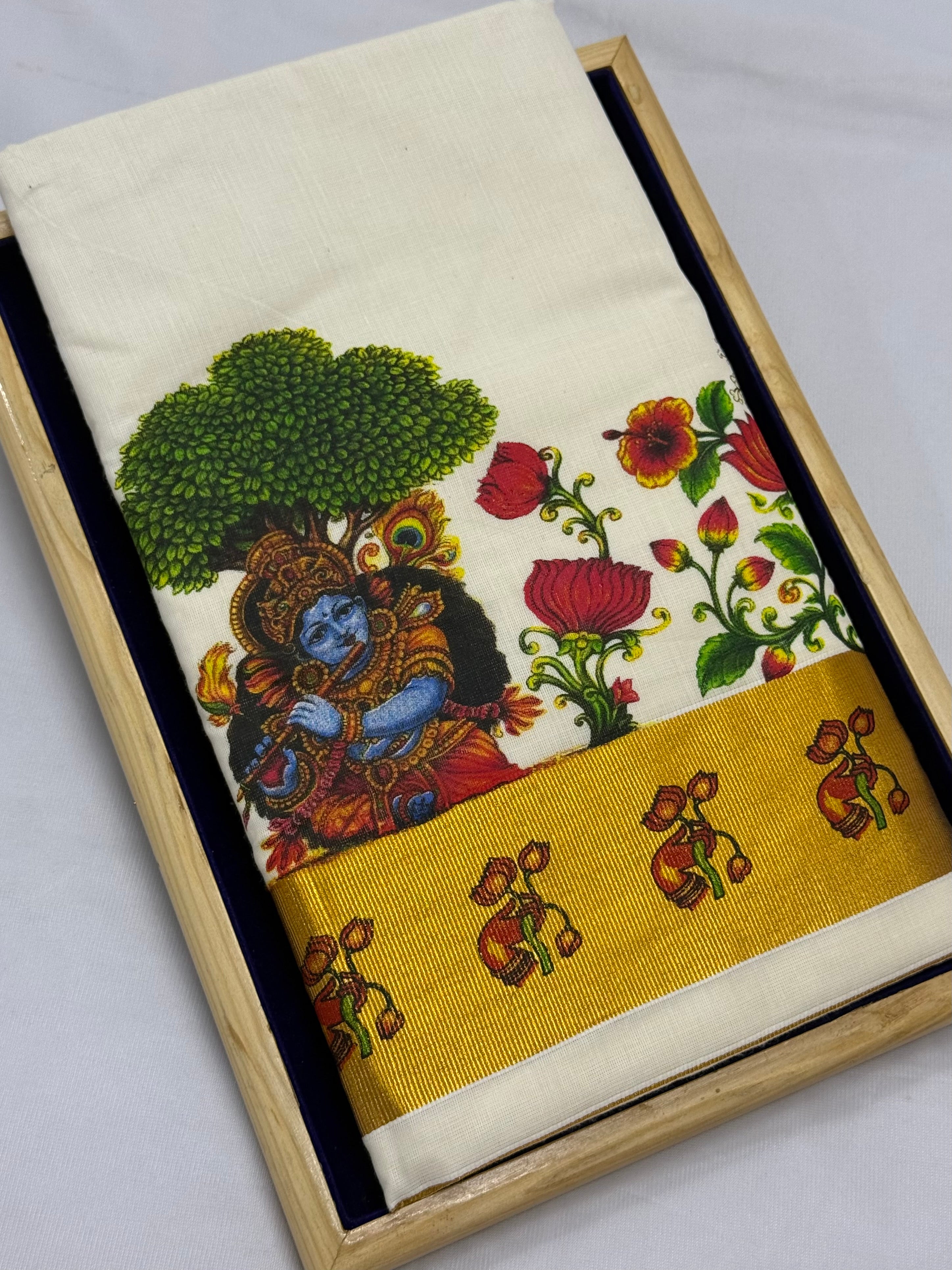 TRADITIONAL PRINTED KASAVU COTTON SAREE (OFF WHITE,GOLD)