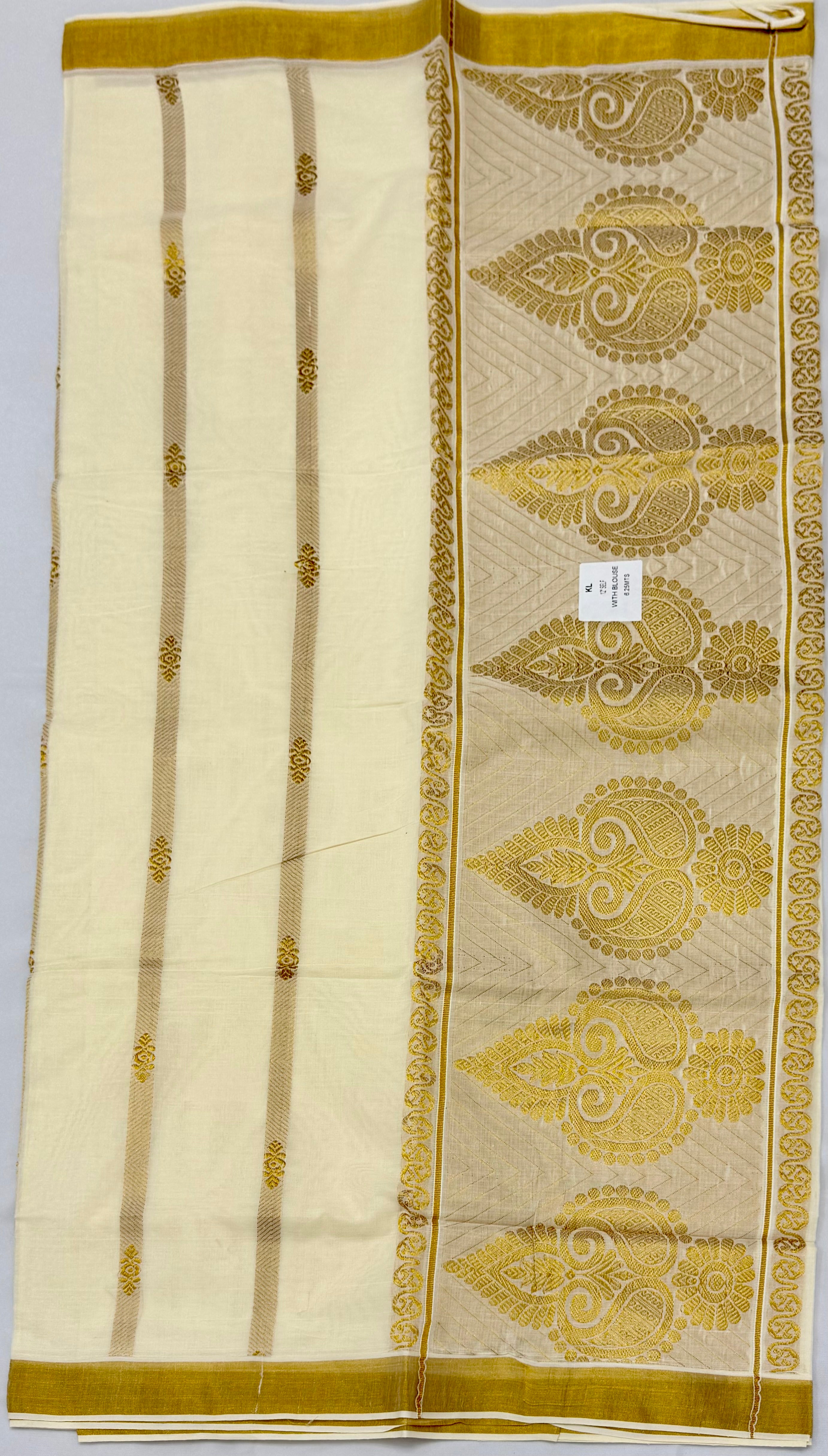 KERALA KASAVU SAREE WITH HEAVY GOLD ZARI PALLU - (OFF WHITE,GOLD)
