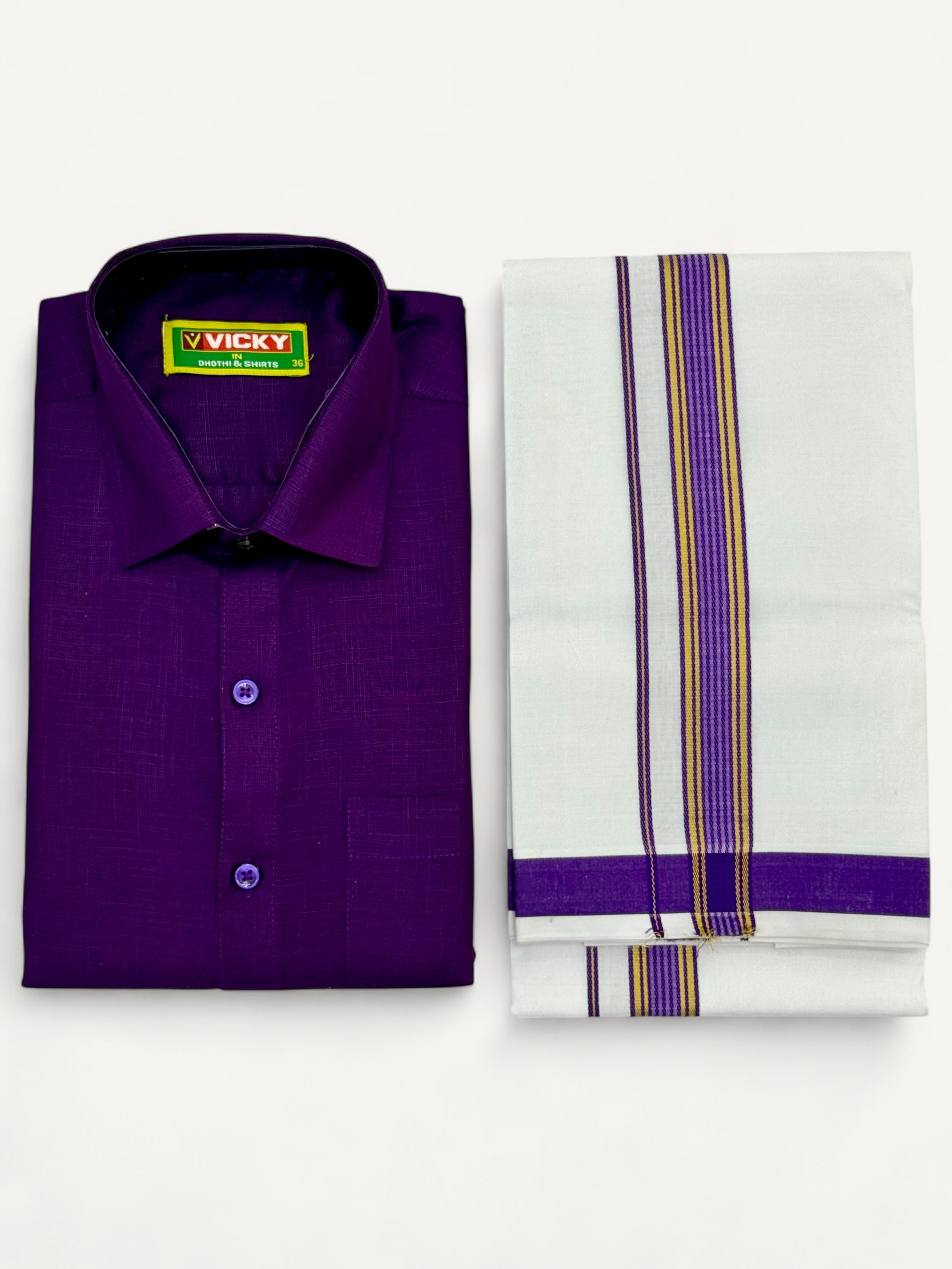 MEN'S MATCHING FANCY BORDER SINGLE DHOTI & SHIRT SET - PURPLE