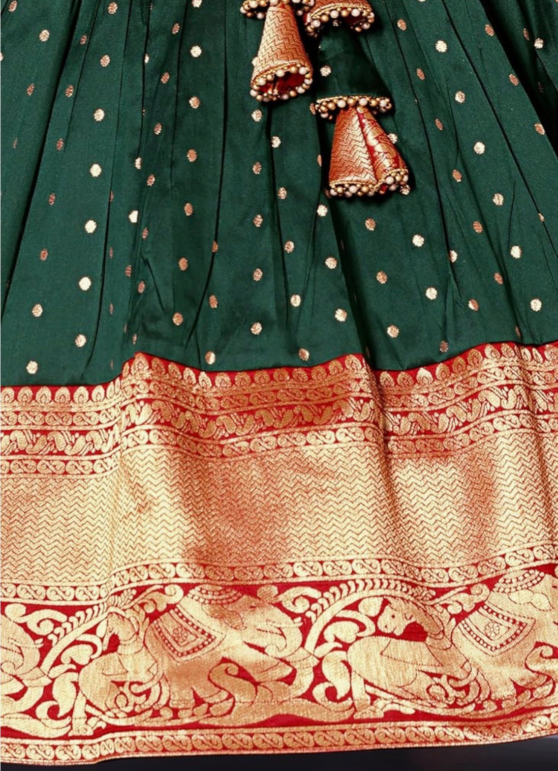 GIRLS SILK BLEND READYMADE PATTU PAVADAI/LEHENGA CHOLI - RED & GREEN