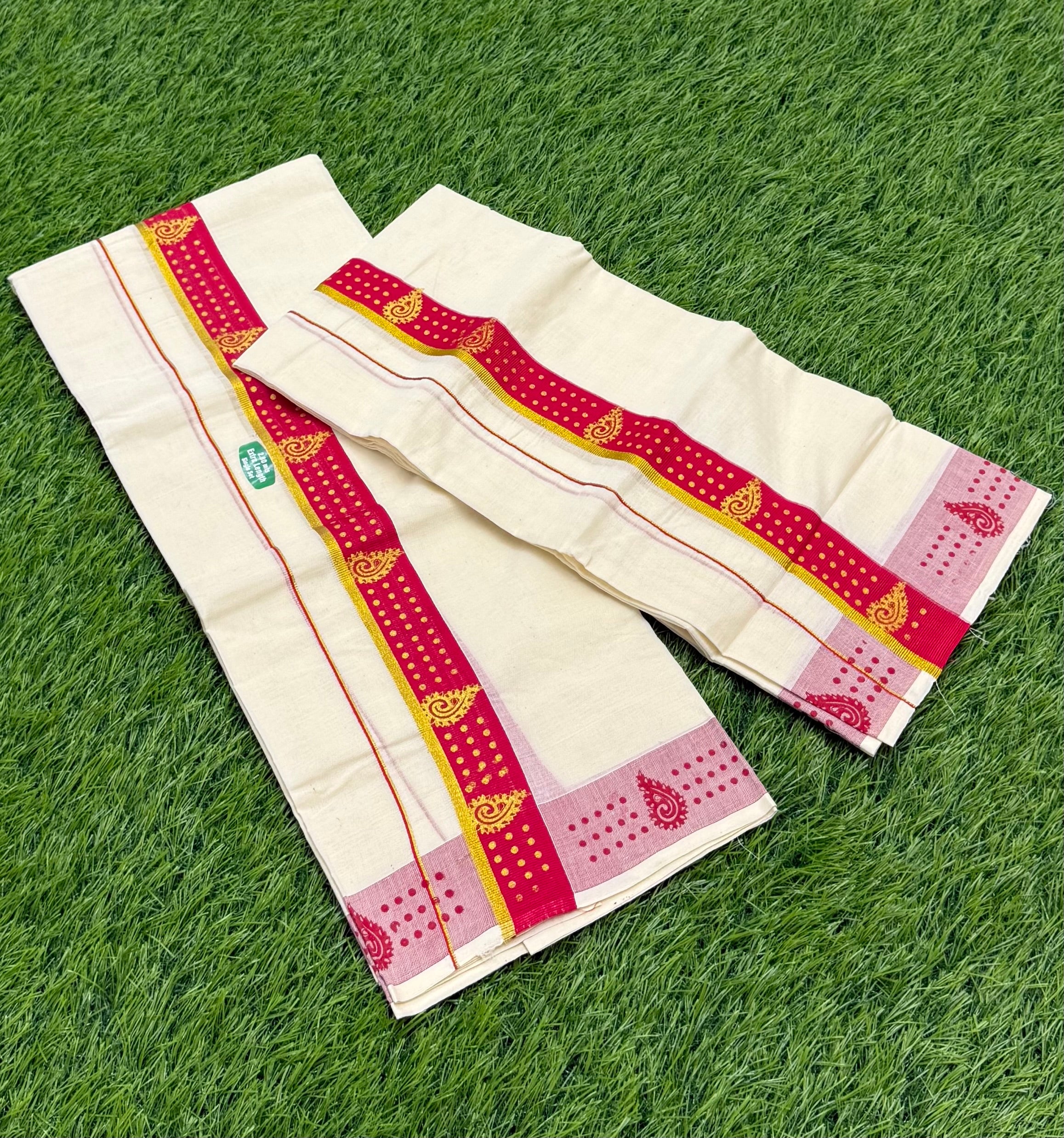 KASAVU COTTON FANCY SINGLE SET MUNDU (MUNDUM NERIYATHUM) - 2 X 2.80 MTRS - (OFF WHITE)