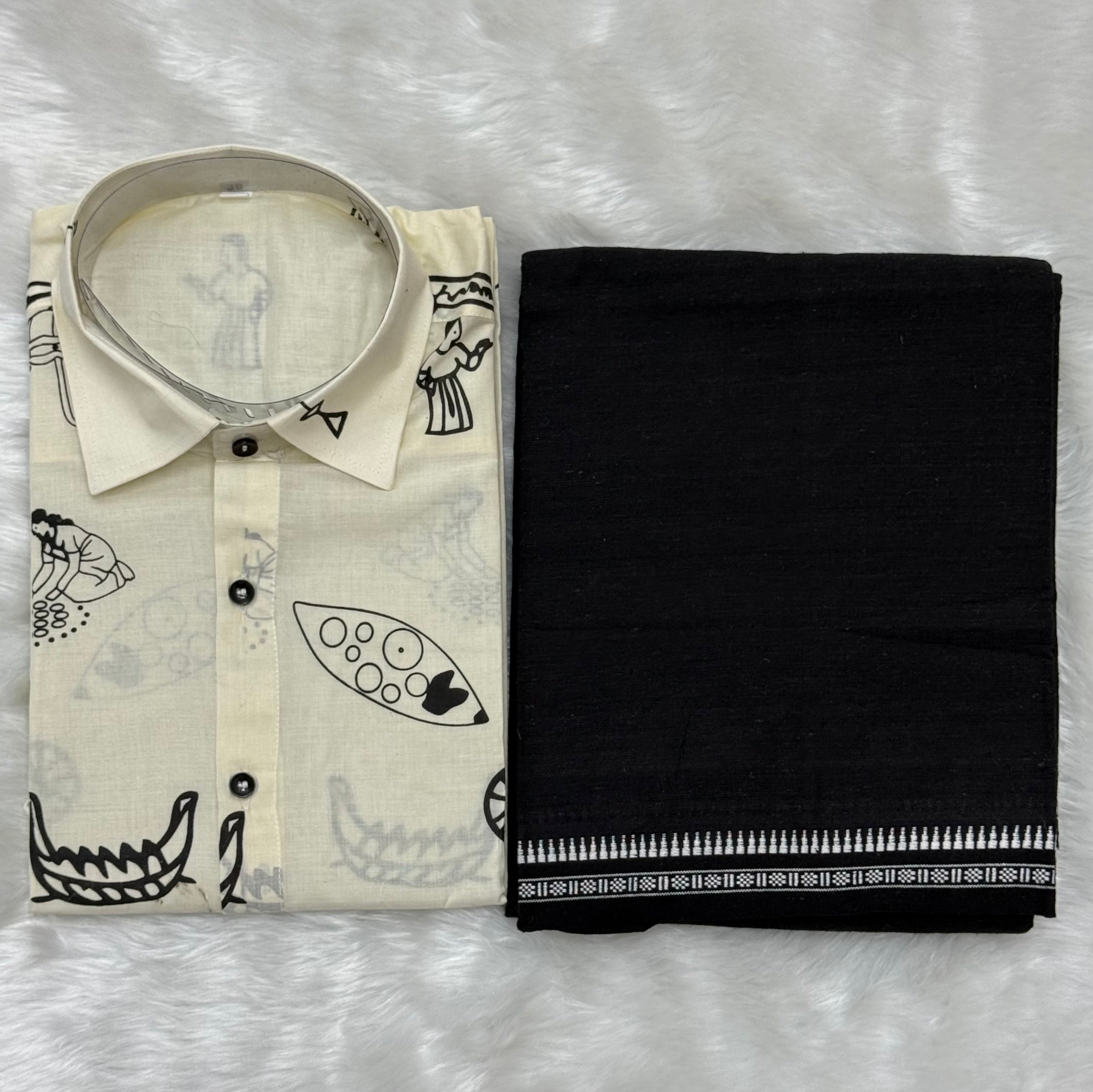 CULTURAL THEME PRINTED SHIRT & MUNDU COMBO - BLACK & WHITE