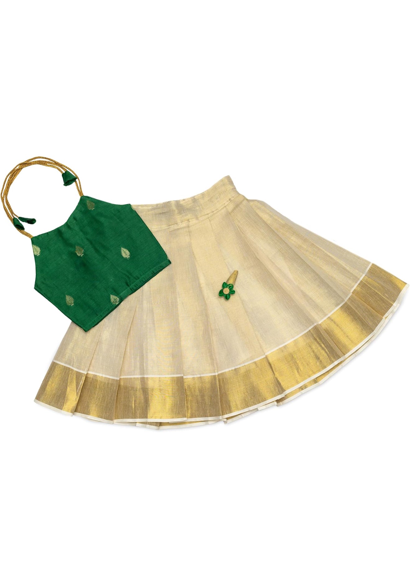 BABY GIRL PATTU PAVADAI WITH HAIR CLIP - GREEN & CREAM