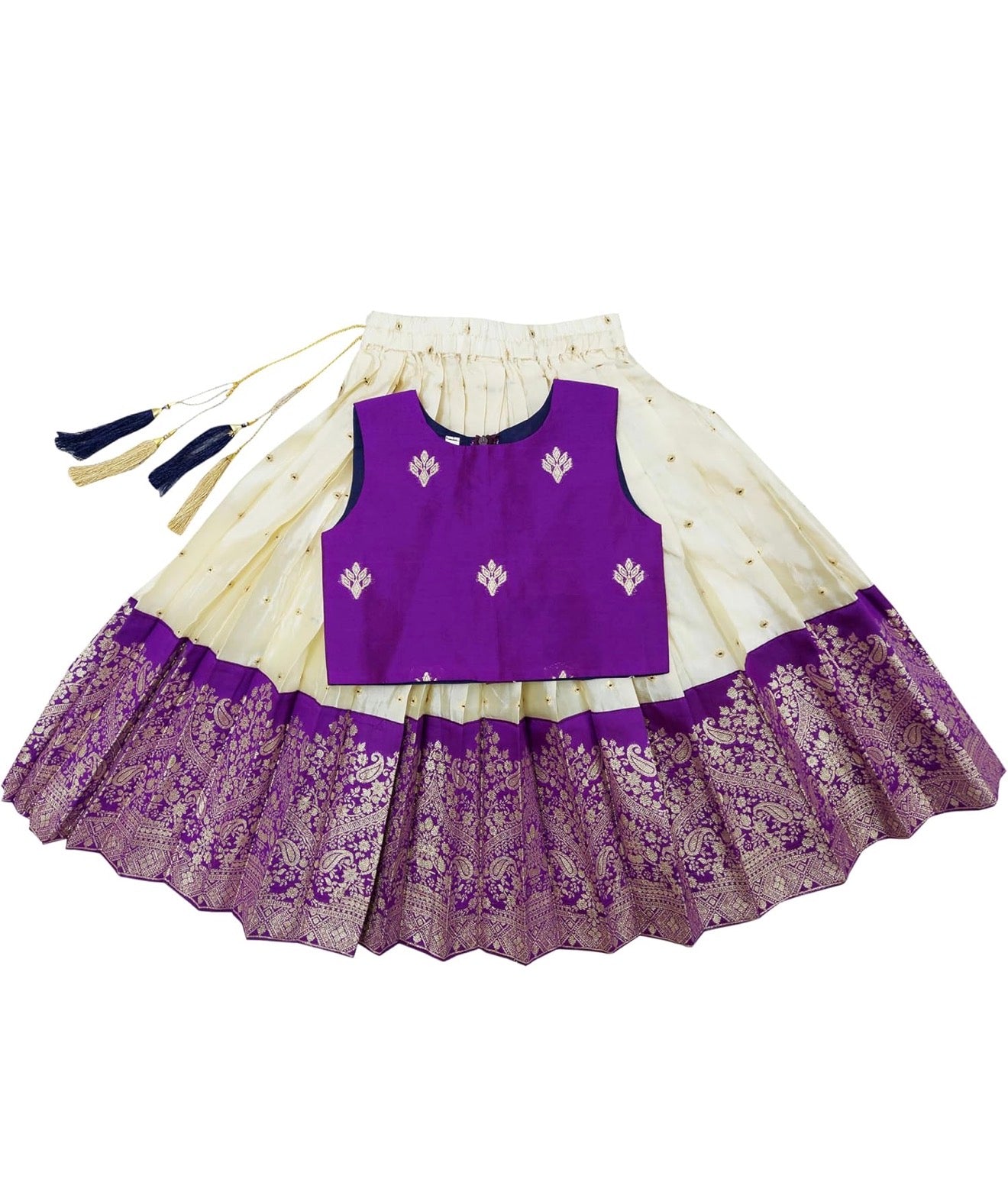 GIRLS READYMADE LEHENGA CHOLI SET - PURPLE & CREAM