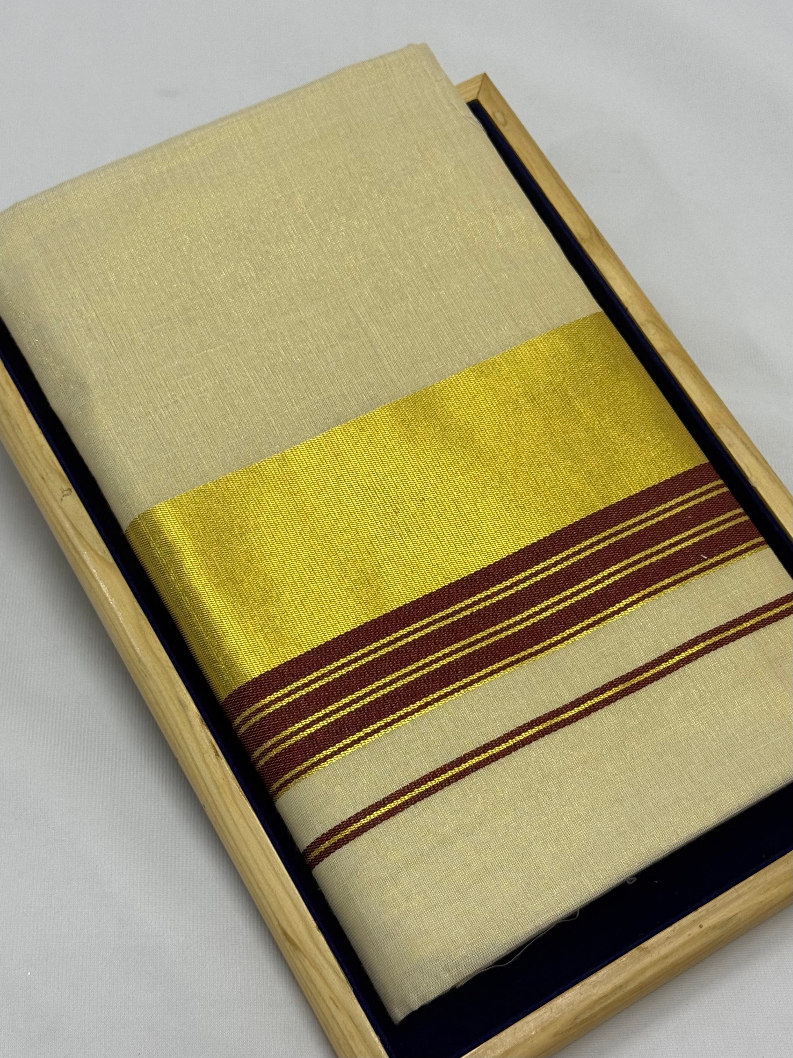 PREMIUM KERALA KASAVU TISSUE STRIPES SAREE - (CREAM,GOLD,MAROON)