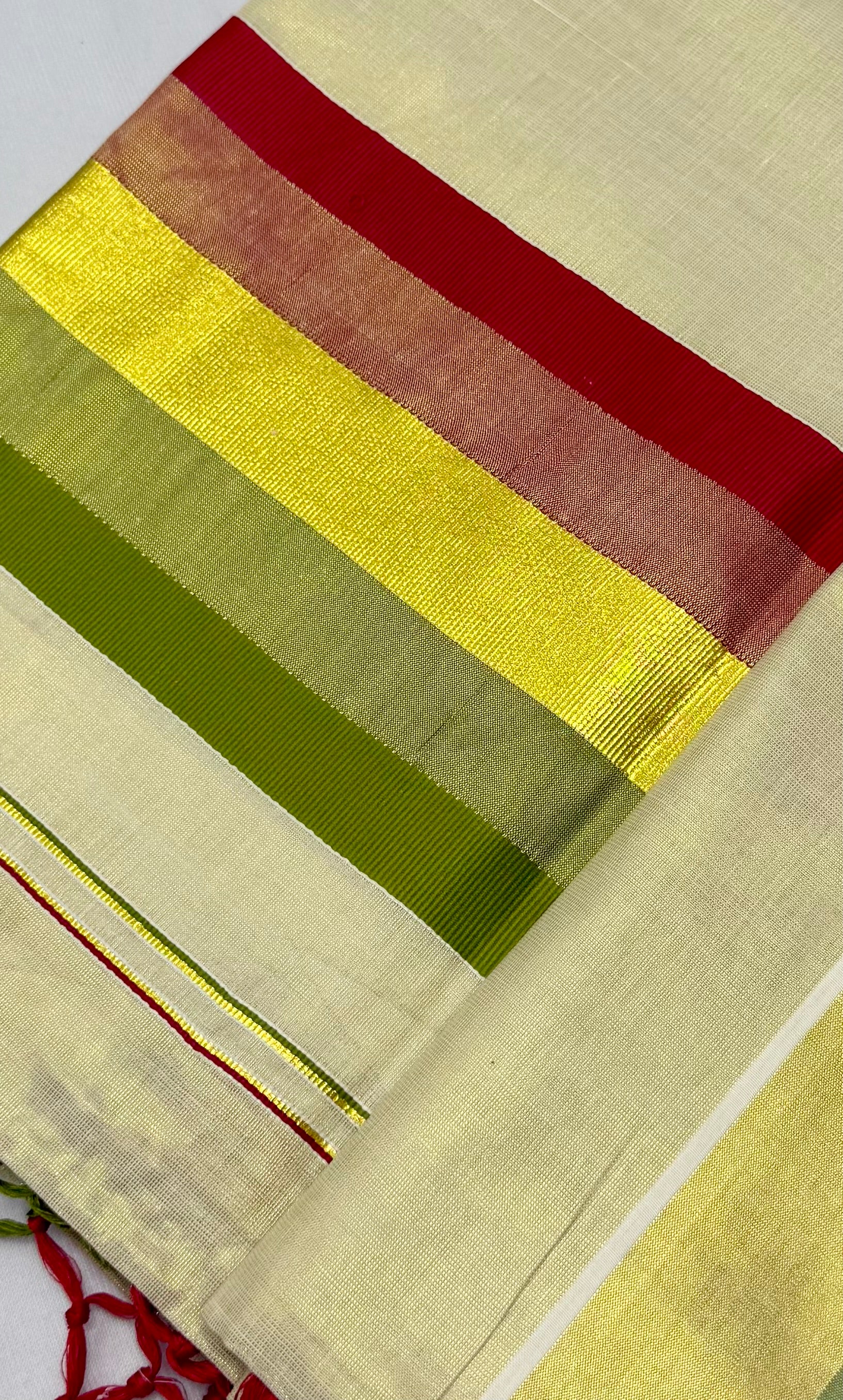 MULTI COLOUR STRIPES GOLDEN KASAVU TISSUE SAREE - (CREAM,GOLD)