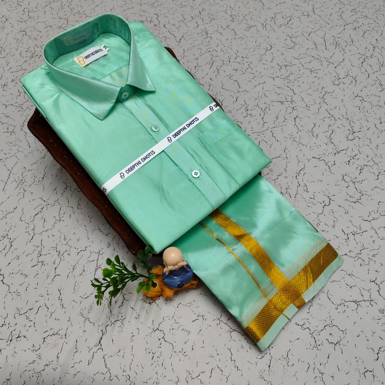 MEN'S PREMIUM SILK VELCRO DHOTI SHIRT SET - MINT LEAF
