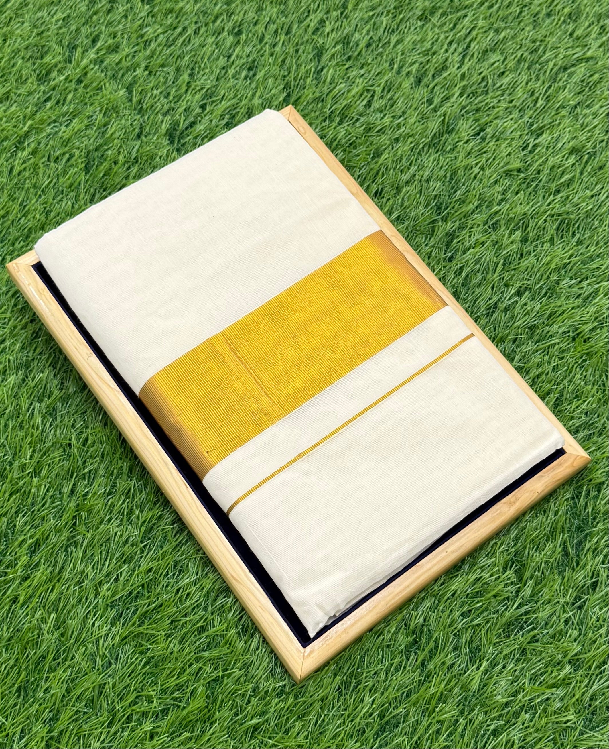 TRADITIONAL KASAVU COTTON SOLID SAREE - (GOLD,OFF WHITE)