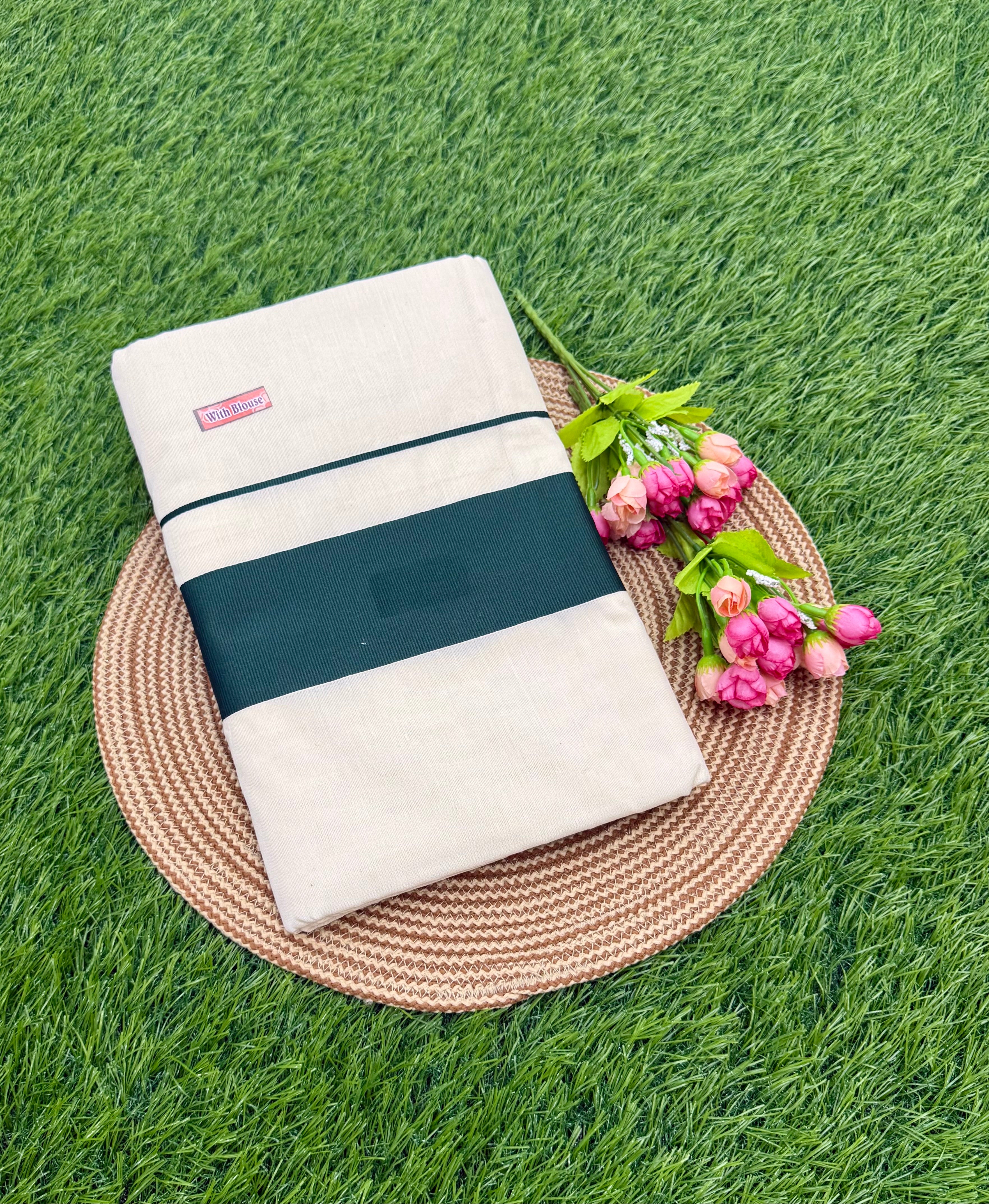 KASAVU COTTON OFF WHITE SAREE - GREEN