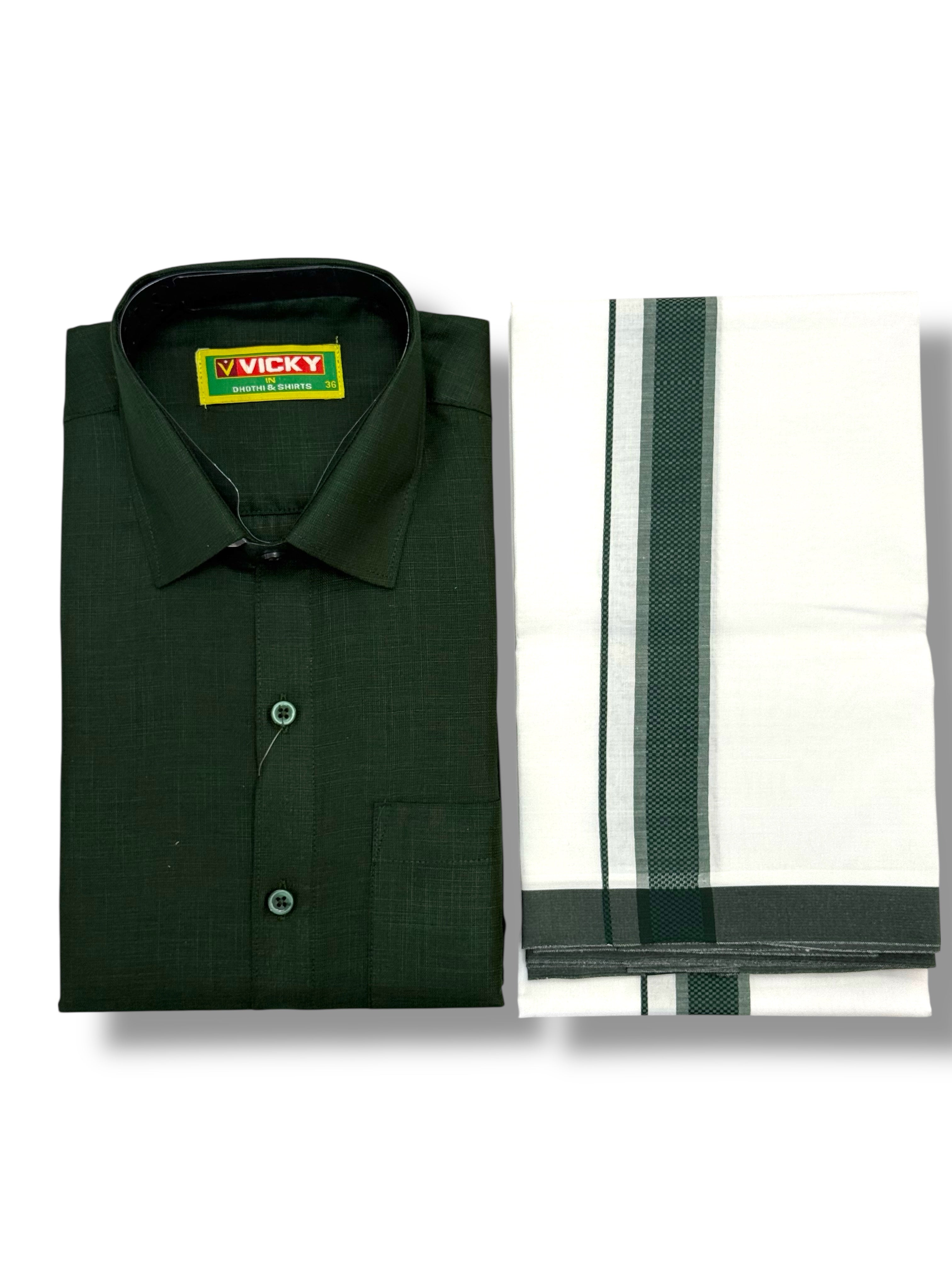MEN'S MATCHING FANCY BORDER SINGLE DHOTI & SHIRT SET - DARK GREEN