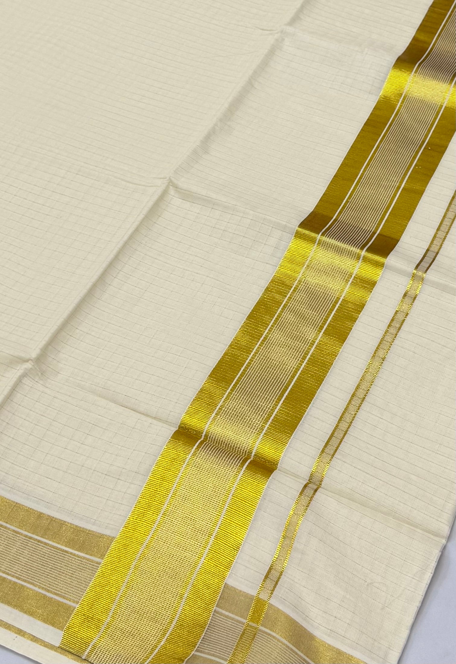 CHECKED KERALA KASAVU TISSUE SAREE - (GOLD,OFF WHITE)