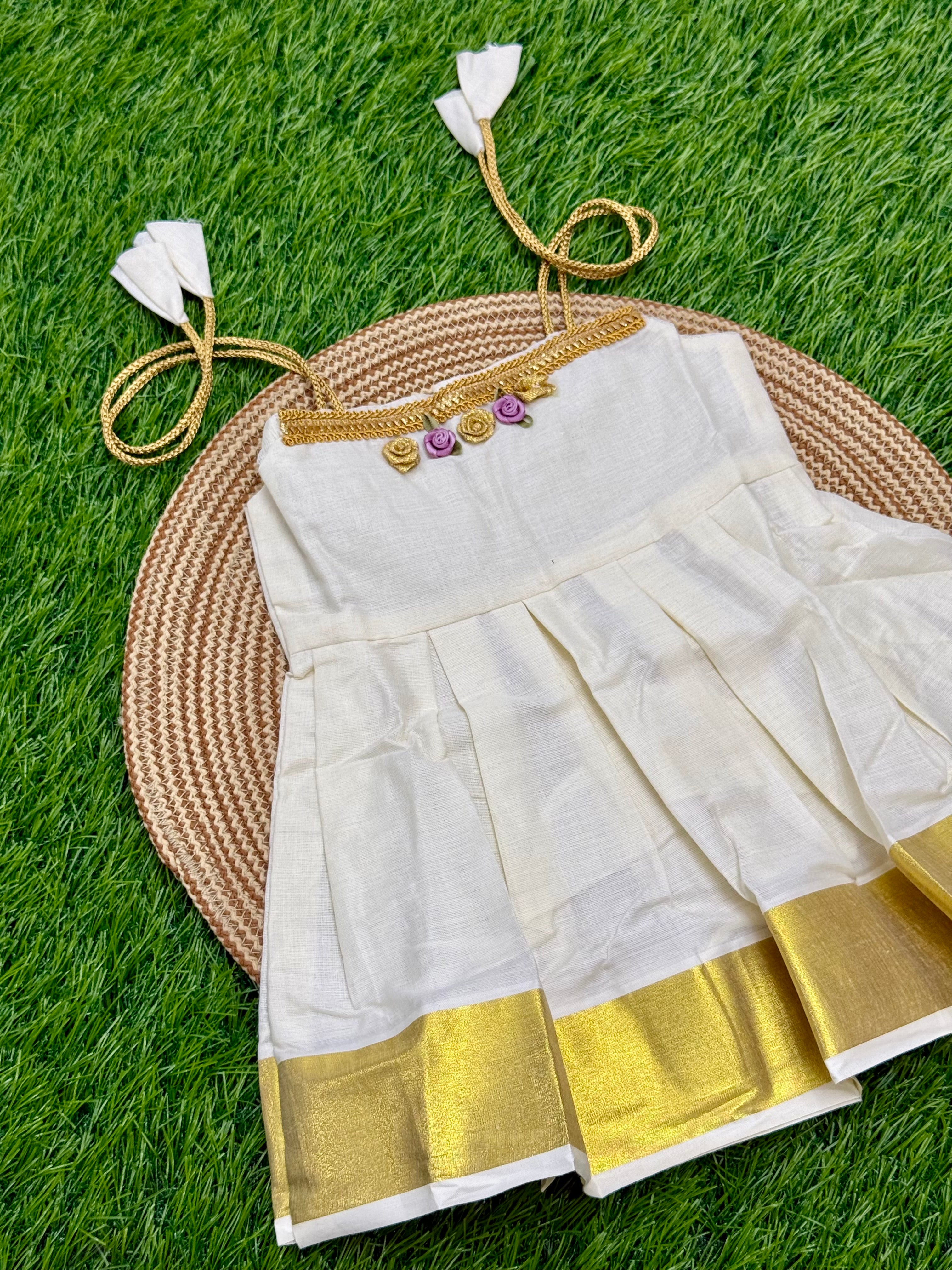 GIRL BABY KASAVU COTTON FROCK - GOLD & CREAM