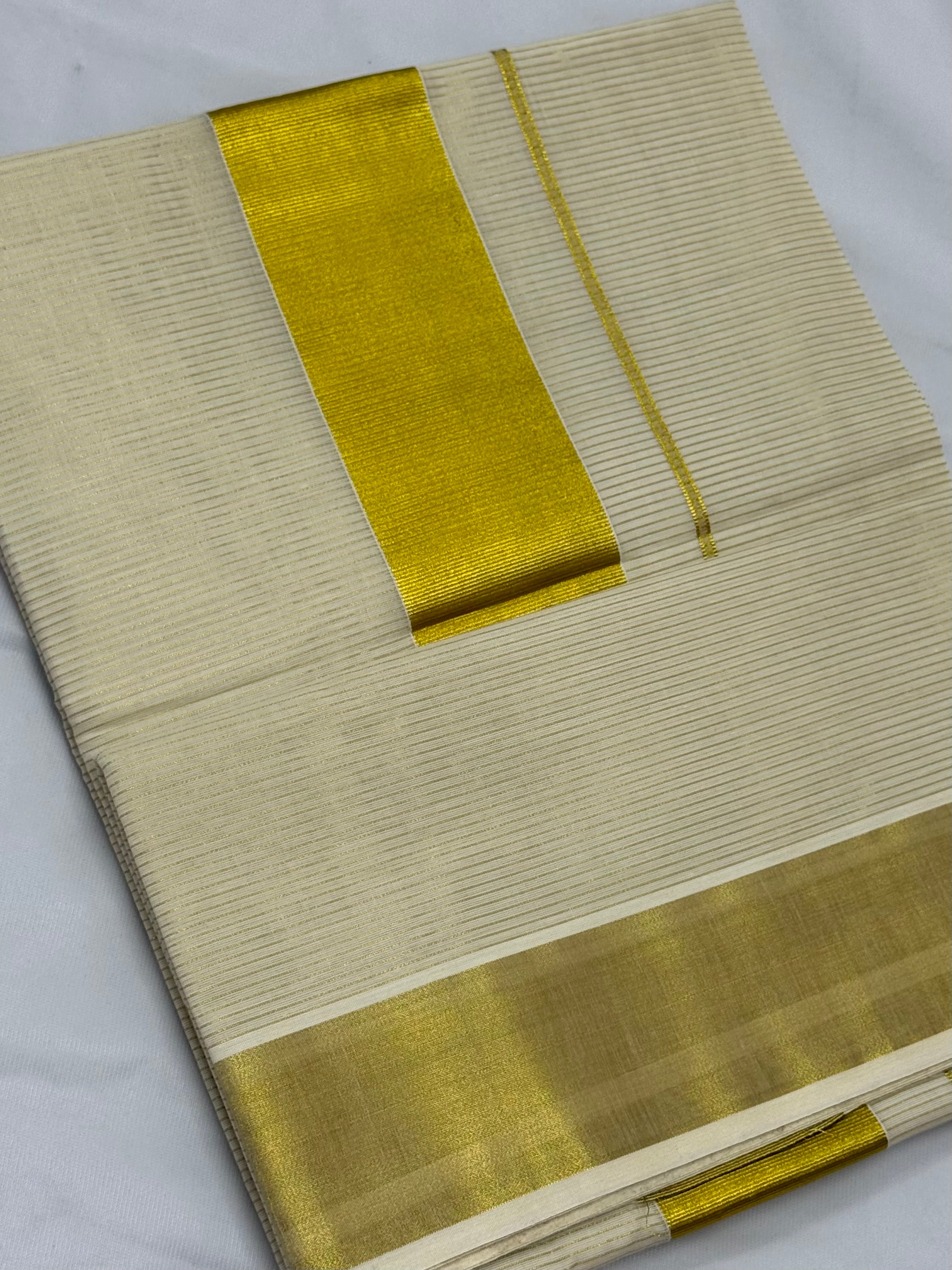 KERALA STRIPES KASAVU TISSUE SAREE - (GOLD,OFF WHITE)