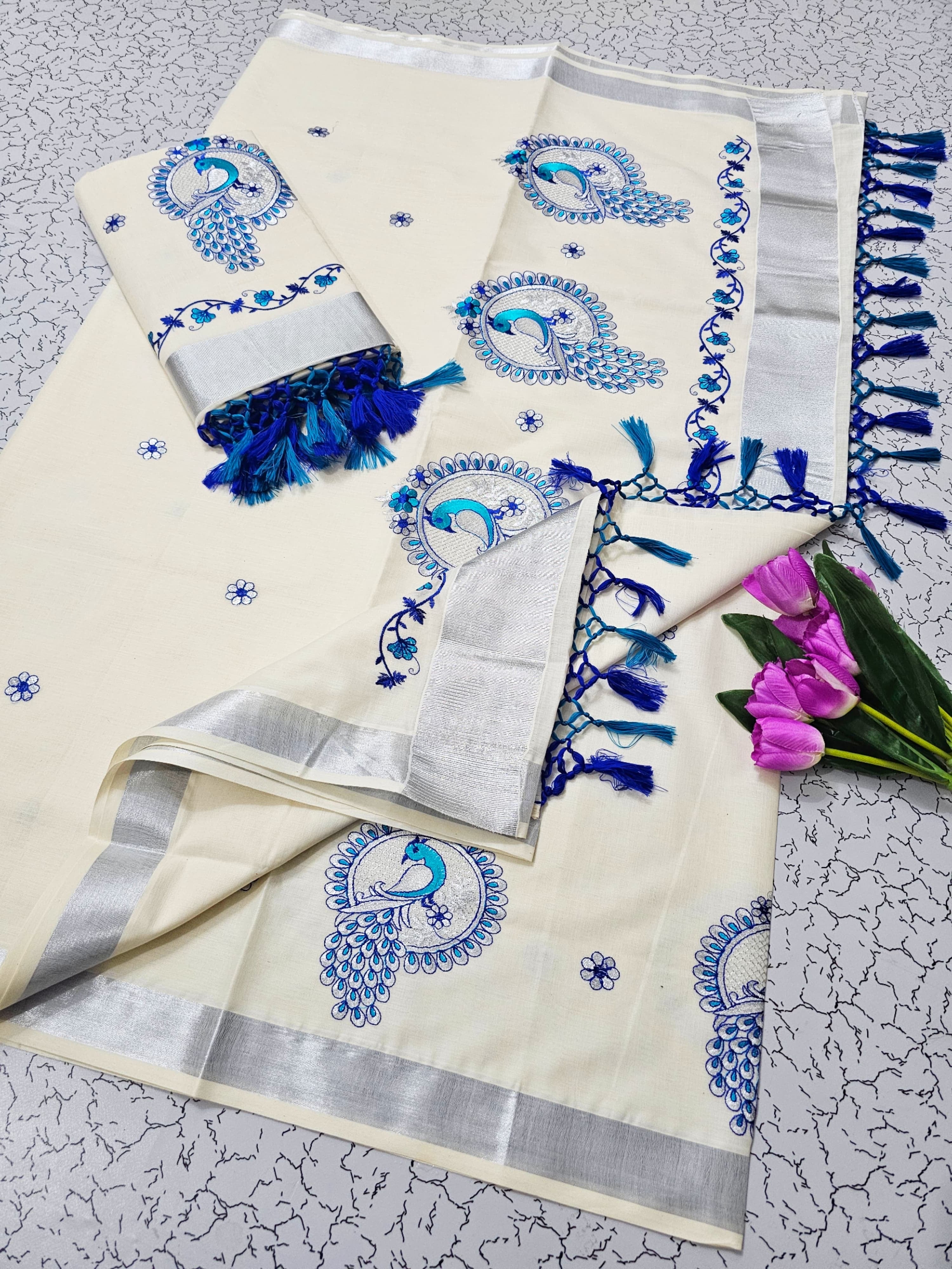KERALA FANCY PEACOCK EMBROIDERY SAREE (BEIGE,BLUE)
