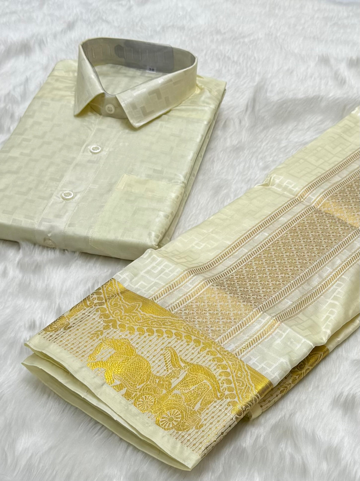 CREAM COLOURED SEMI SILK WEDDING SHIRT, DHOTI, FEATURING A GOLD ZARI BORDER - VELCRO
