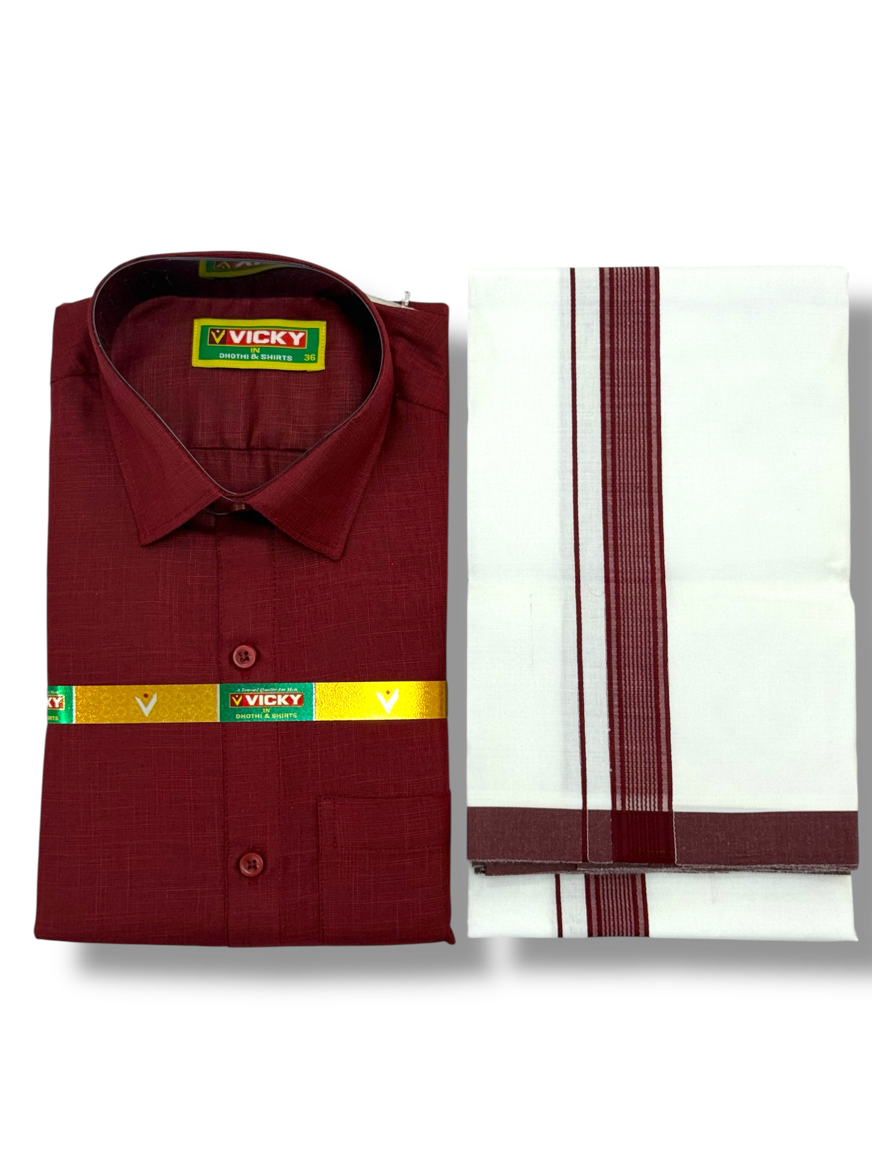 MEN'S MATCHING FANCY BORDER SINGLE DHOTI & SHIRT SET - MAROON