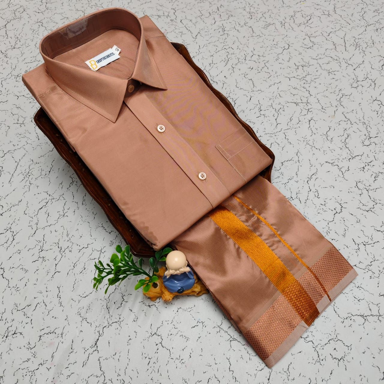 MEN'S PREMIUM SILK VELCRO DHOTI SHIRT SET - COPPER