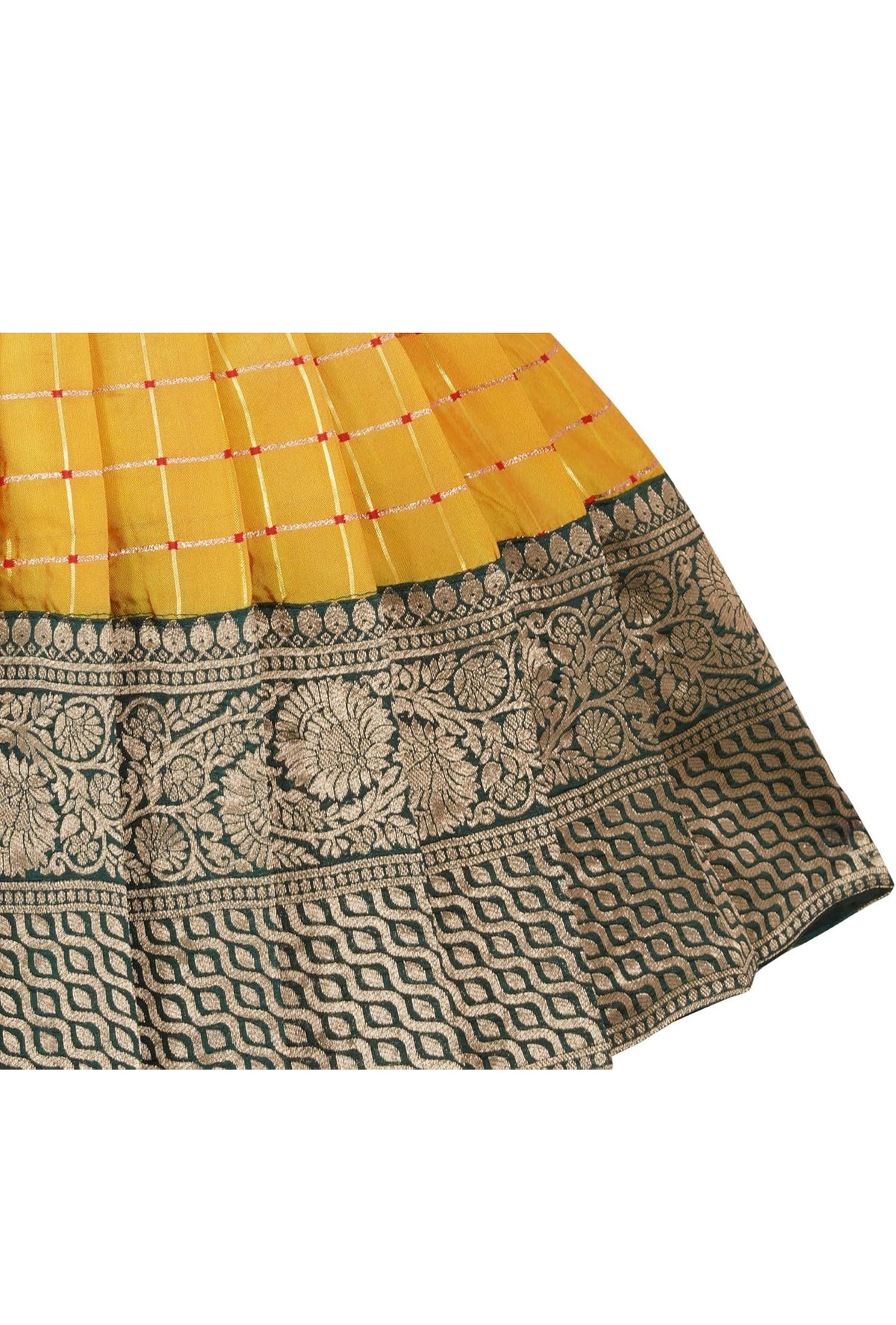 BABY GIRLS PATTU PAVADAI TAPETA SILK FROCK - GREEN & YELLOW