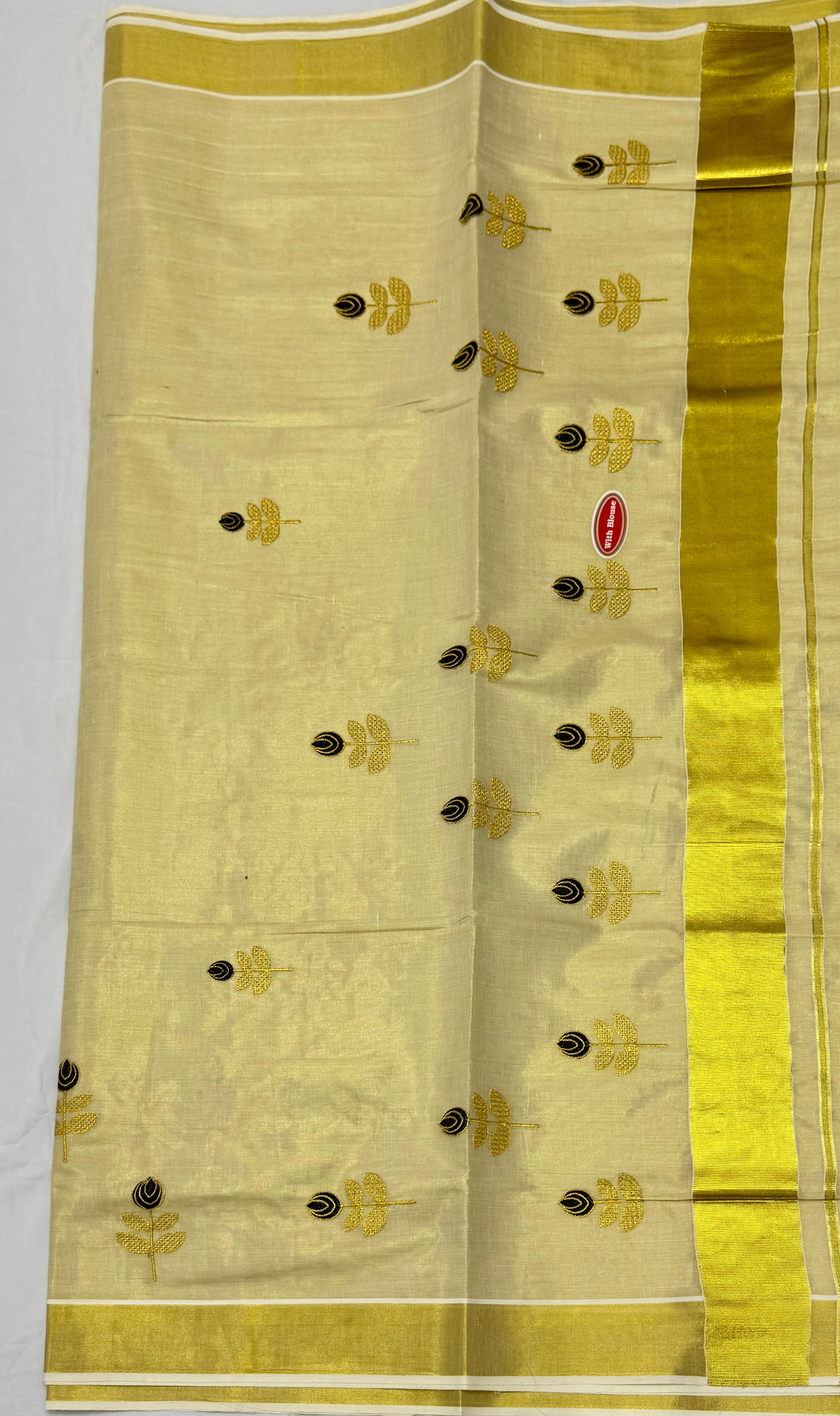 KERALA KASAVU TISSUE SILK EMBROIDERY SAREE - (GOLD,CREAM)