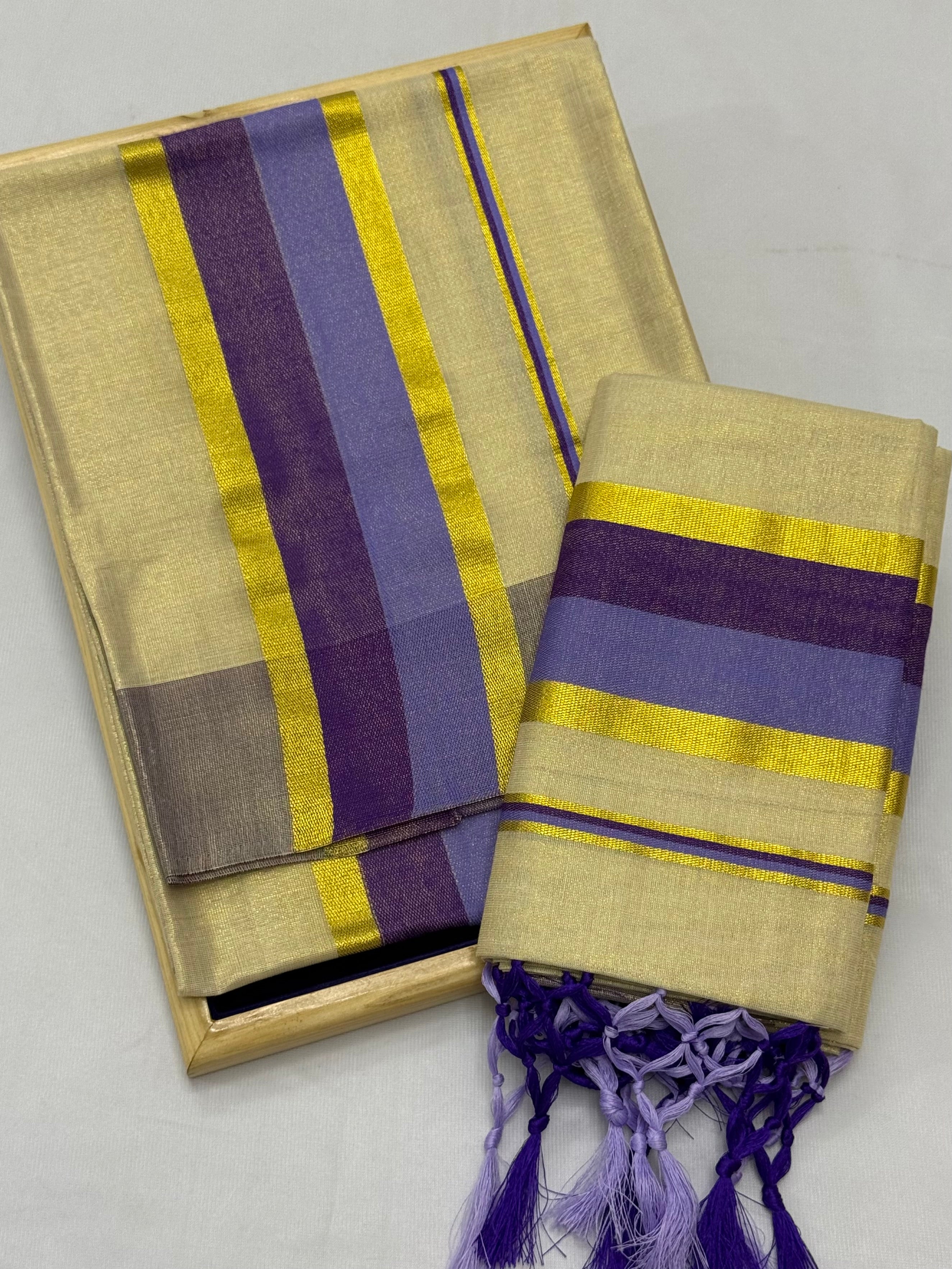 TISSUE SINGLE SET MUNDU (MUNDUM NERIYATHUM) WITH KARA BORDER - 2 X 2.80 MTRS - (CREAM,MULTI)