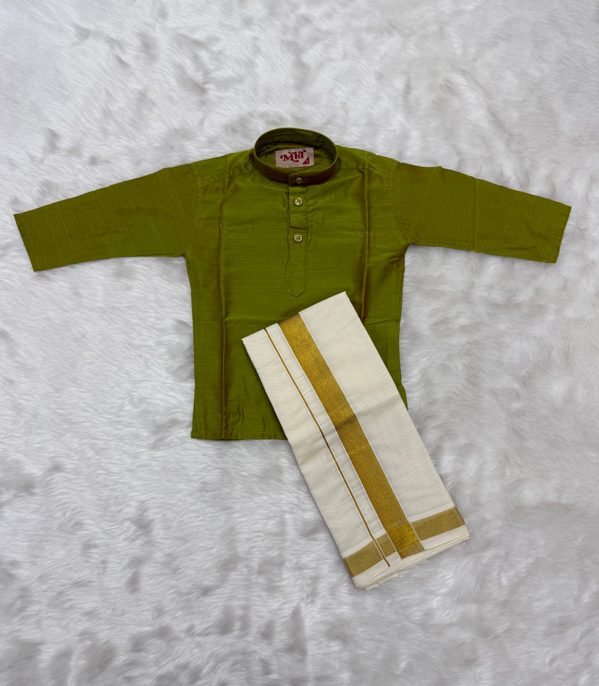 KIDS BOYS VELCRO DHOTI & KURTA COMBO SET - OLIVE GREEN