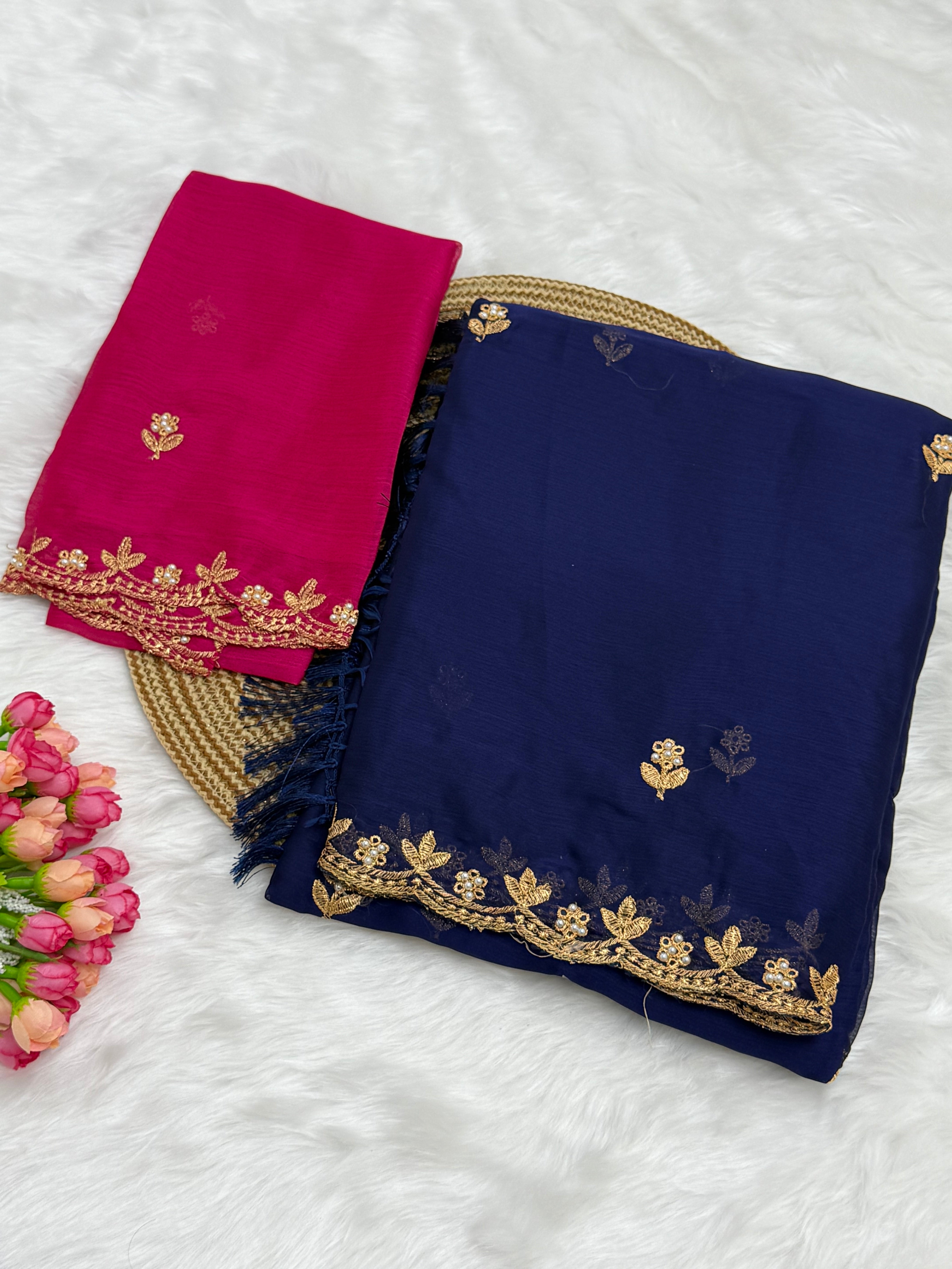 DESIGNER GEORGETTE SAREE WITH A BLOUSE PIECE - NAVY BLUE