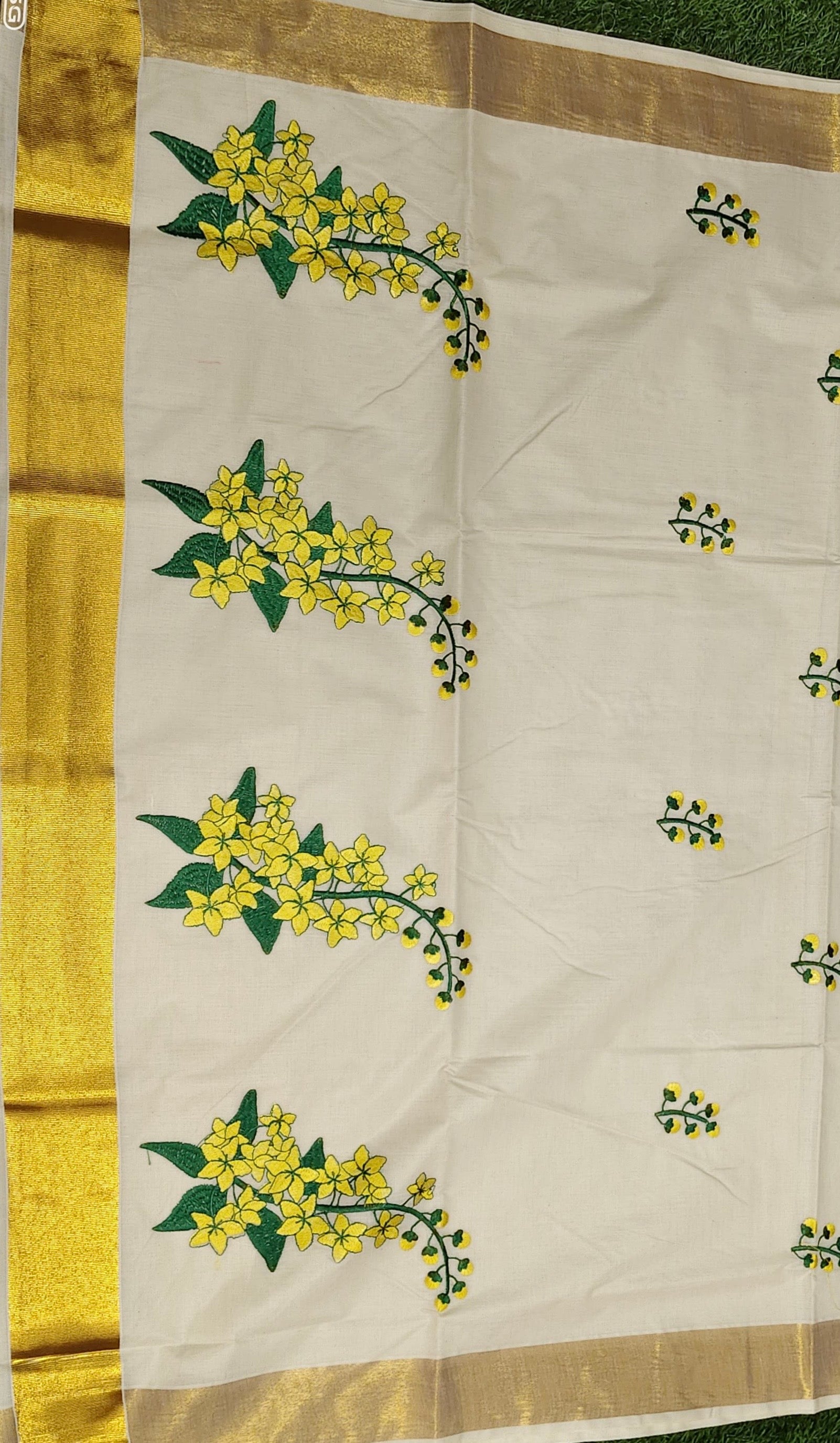 EMBROIDERED KERALA KASAVU COTTON SAREE - GOLD