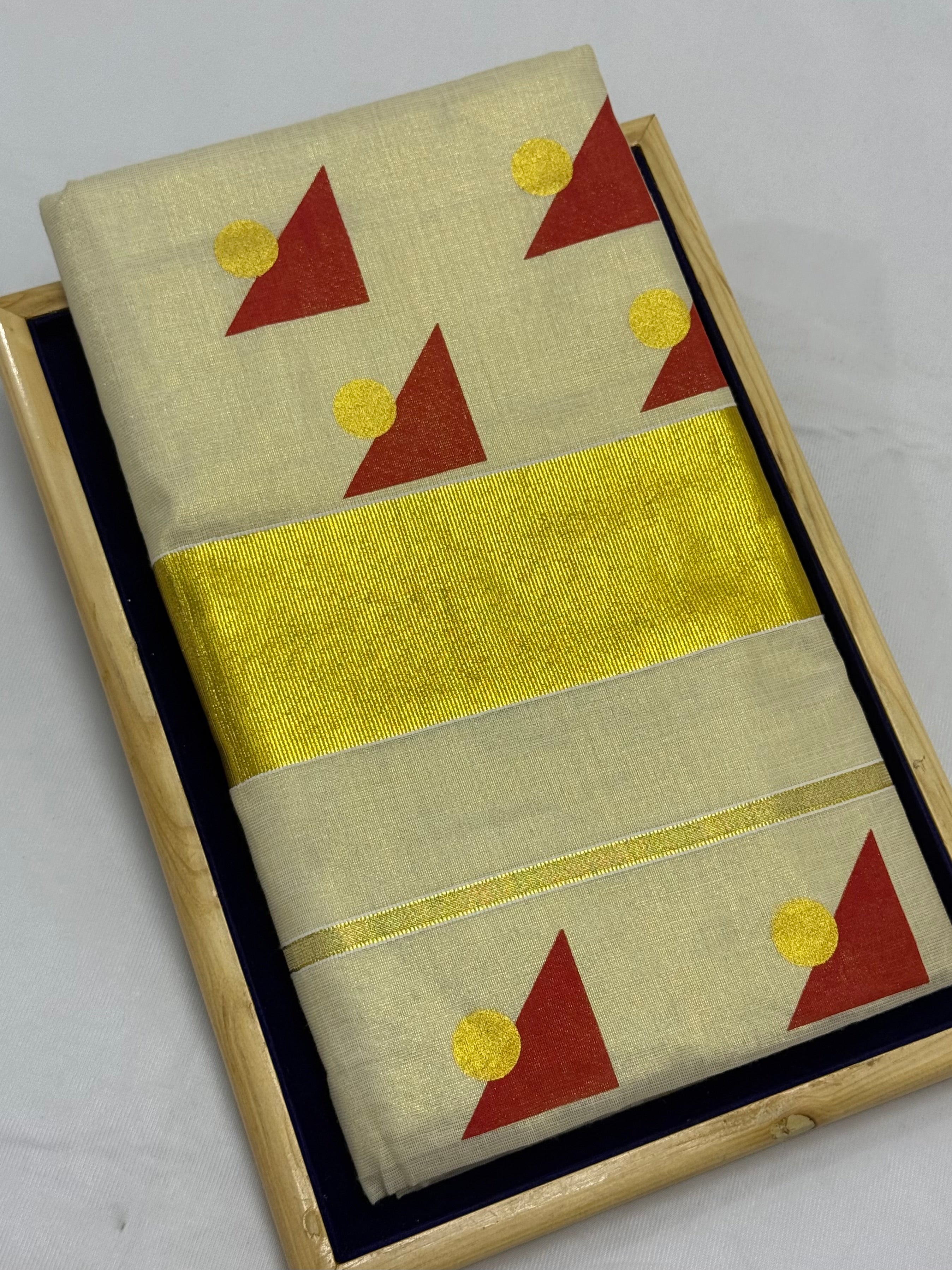 BLOCK PRINTED KASAVU TISSUE SAREE - (GOLD,CREAM)