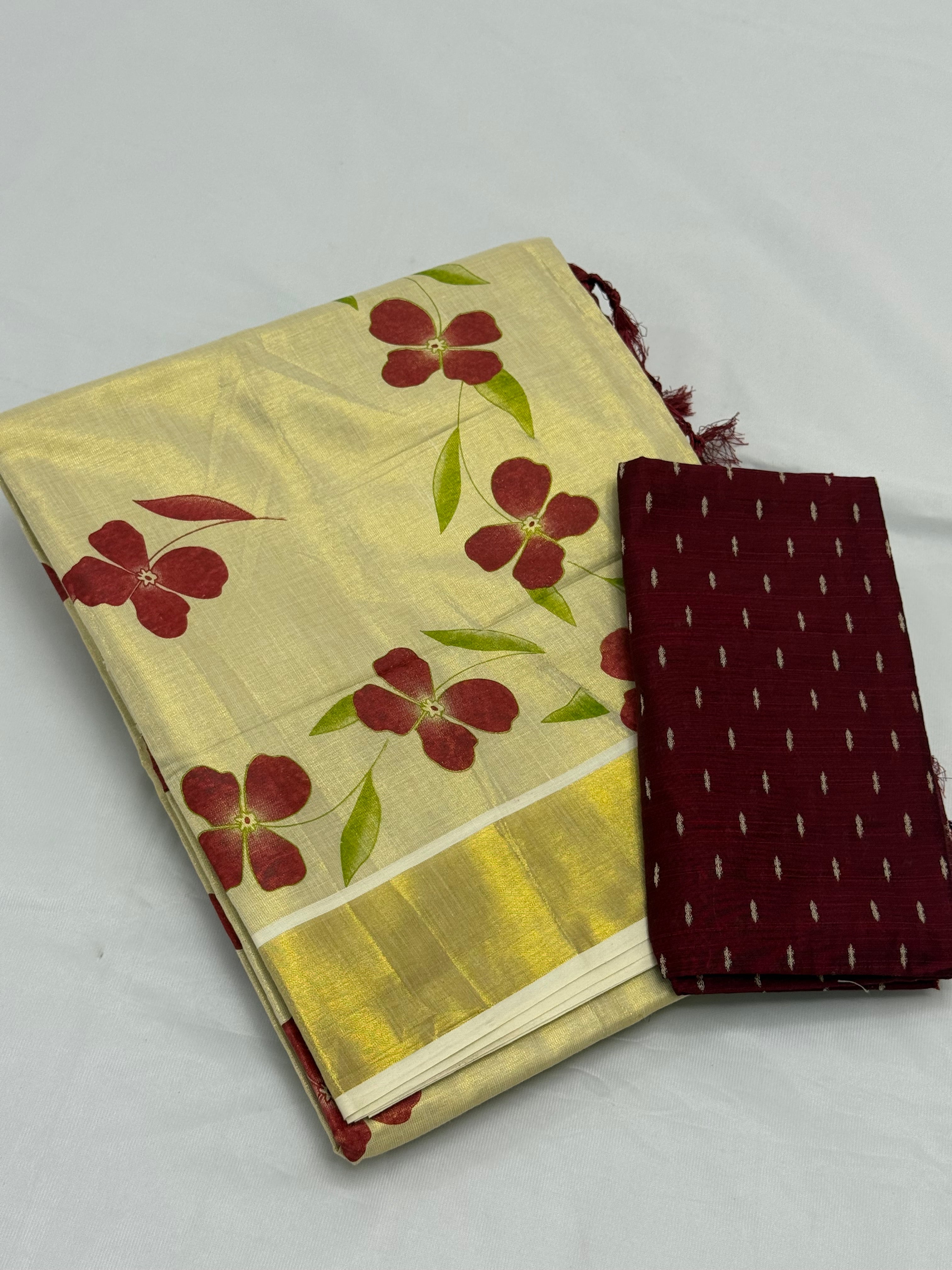 FLORAL PRINTED KASAVU TISSUE SAREE WITH BLOUSE PIECE 1M - (GOLD,CREAM,MAROON)