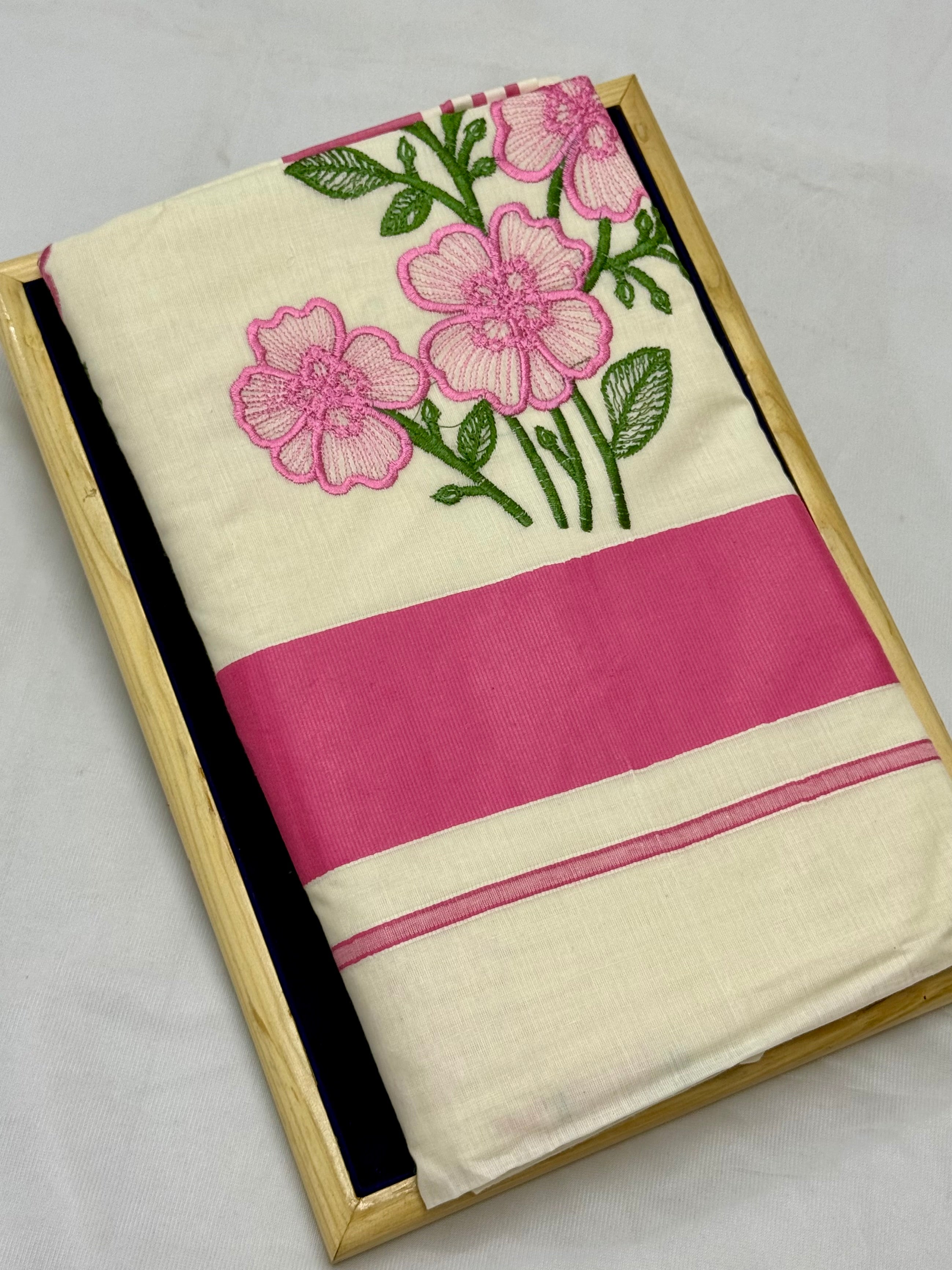 KERALA KASAVU COTTON EMBROIDERY SAREE - (OFF WHITE,PINK)