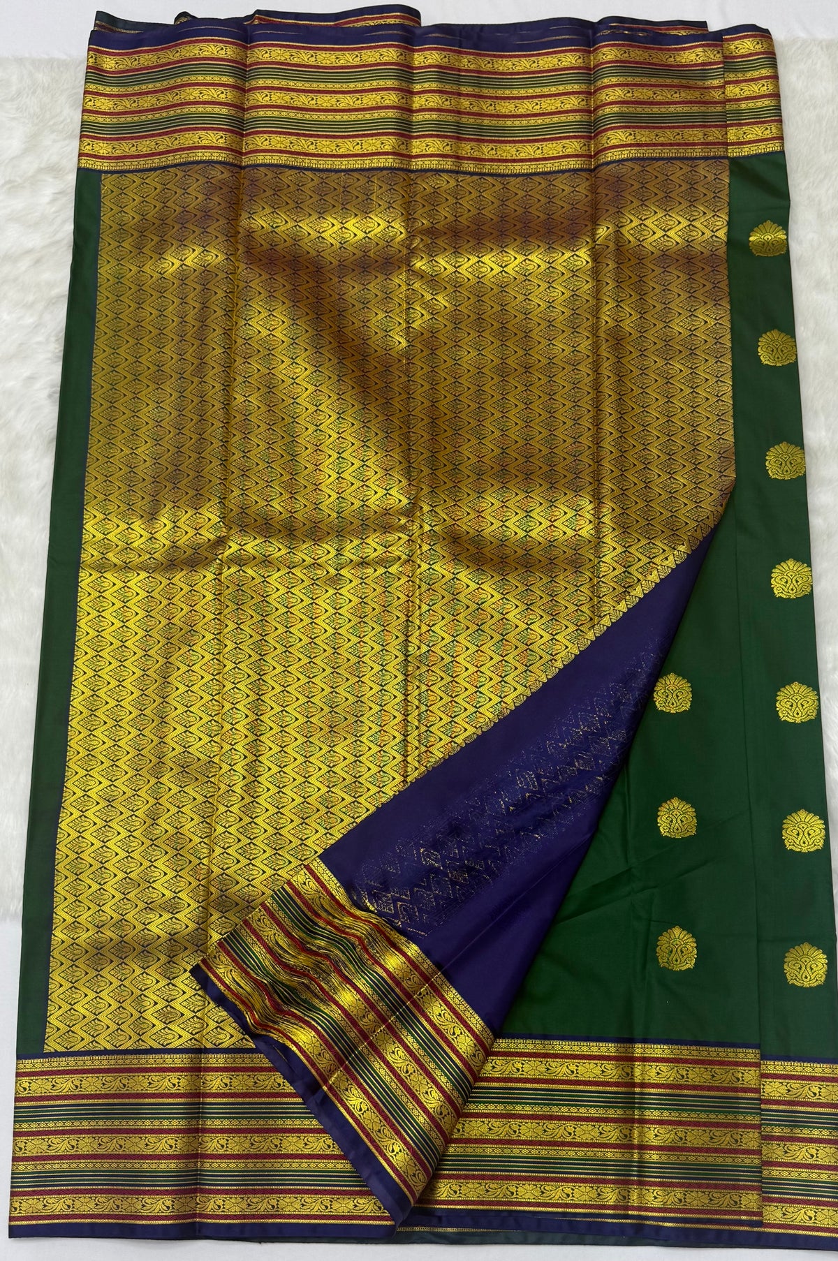 PREMIUM SEMI KANCHI SILK SAREE - LEAF GREEN