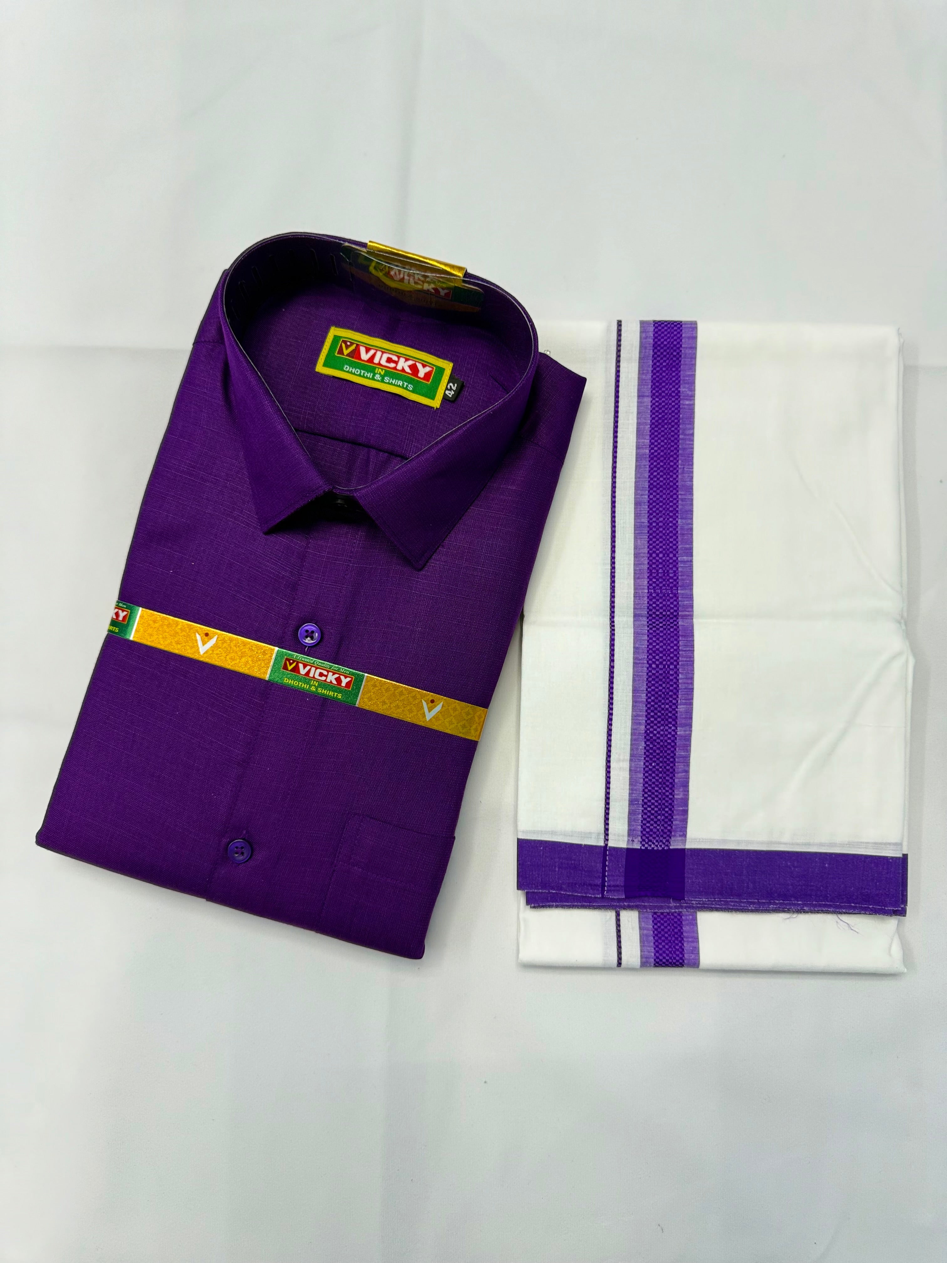 MEN'S MATCHING FANCY BORDER SINGLE DHOTI & SHIRT SET - PURPLE